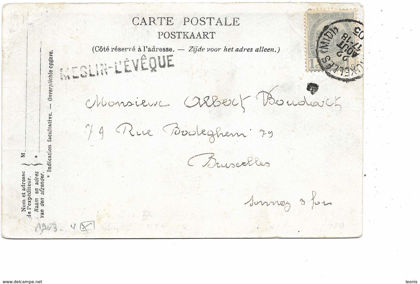 LE 0376. N° 53 BRUXELLES (MIDI) 22 AOÛT 05 + GRIFFE MESLIN L' EVÊQUE S/CP V. Bruxelles. TB - Linear Postmarks