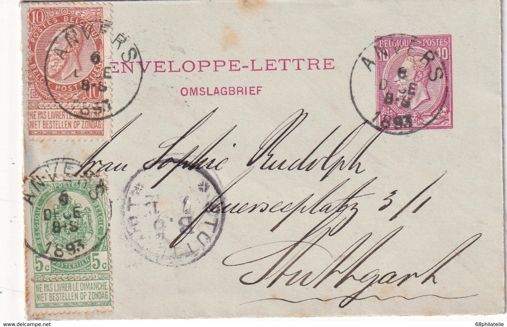 BELGIQUE 1893     ENTIER POSTAL  /GANZSACHE/POSTAL STATIONERY ENVELOPPE-LETTRE DE ANVERS POUR STUTTGART - Buste-lettere