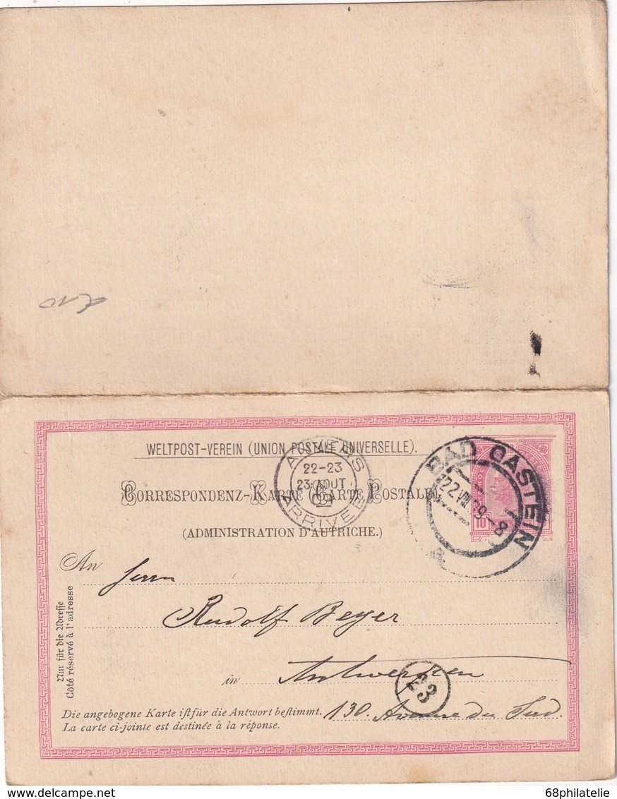 AUTRICHE 1909    ENTIER POSTAL  /GANZSACHE/POSTAL STATIONERY CARTE AVEC RREPONSE DE  BAD GASTEIN - Other & Unclassified