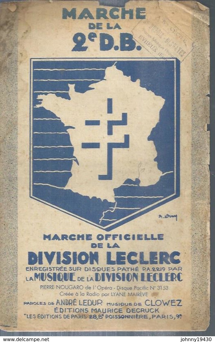 Partition : " MARCHE DE LA 2ème D.B."   LA MUSIQUE DE LA DIVISION LECLERC - Andere & Zonder Classificatie