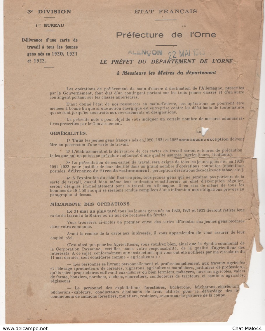 WW2 - Etat Français. Préfecture De L'Orne. Aux Maires Du Département. Délivrance D'une Carte De Travail. 22/05/1943 - Historische Documenten