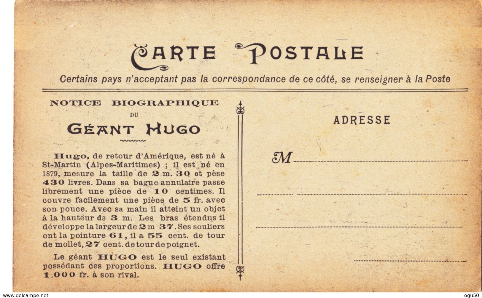 Spectacle (Célébrité) - Notice Biographique Du Géant Hugo - Hugo Offre 1000 Francs à Son Rival - Autres & Non Classés