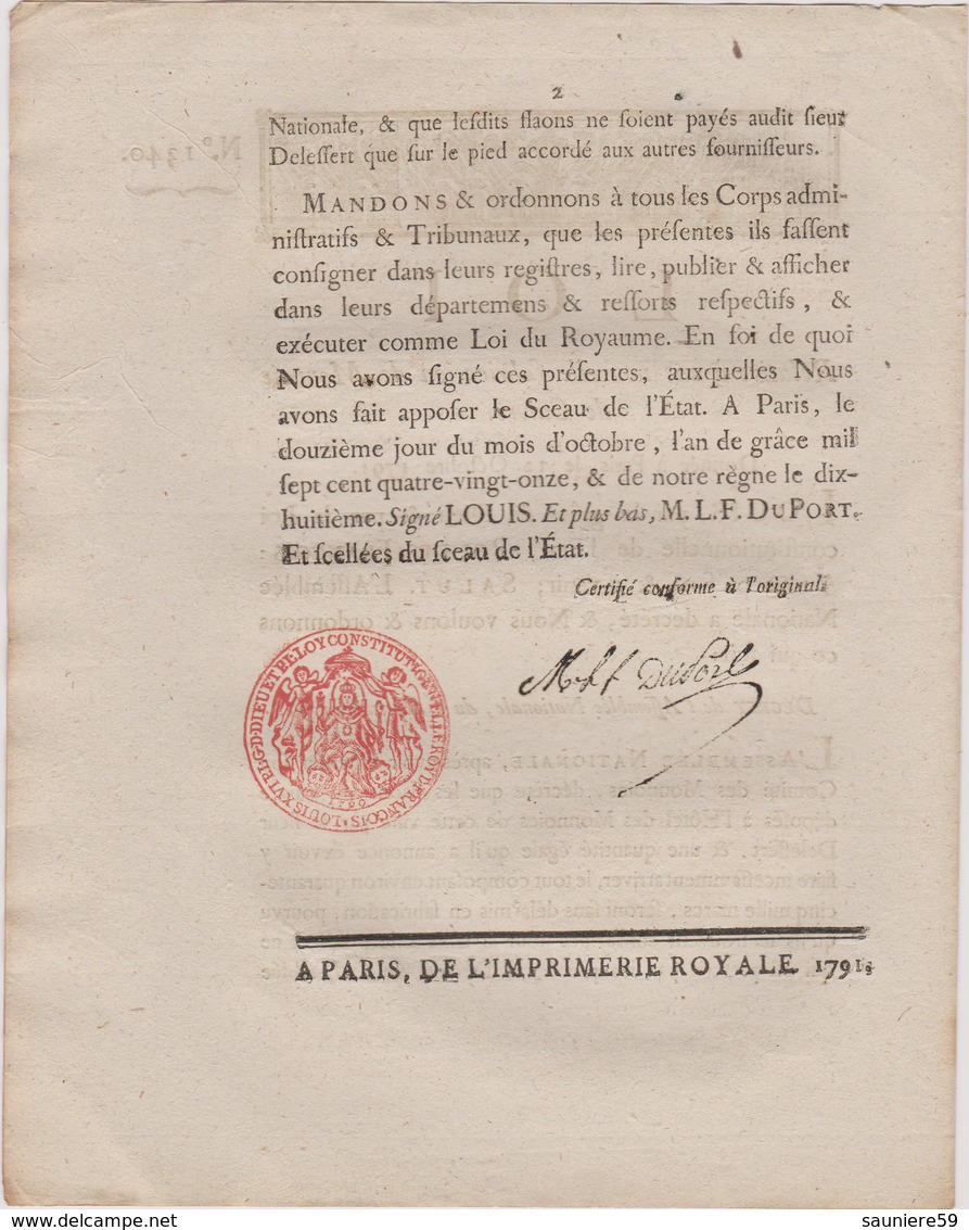 Rare Loi 1791 Numismatique Relative Fabrication De Monnaies De Cuivre Avec Cachet Rouge Royal - Documents Historiques