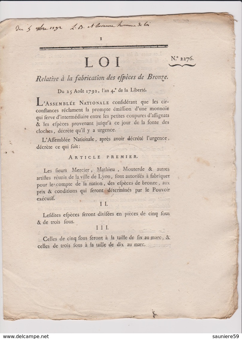 Rare Loi 1792 Numismatique Relative Fabrication Des Monnaies De Bronze Métal De Cloche Avec Cachet Rouge Royal - Documents Historiques