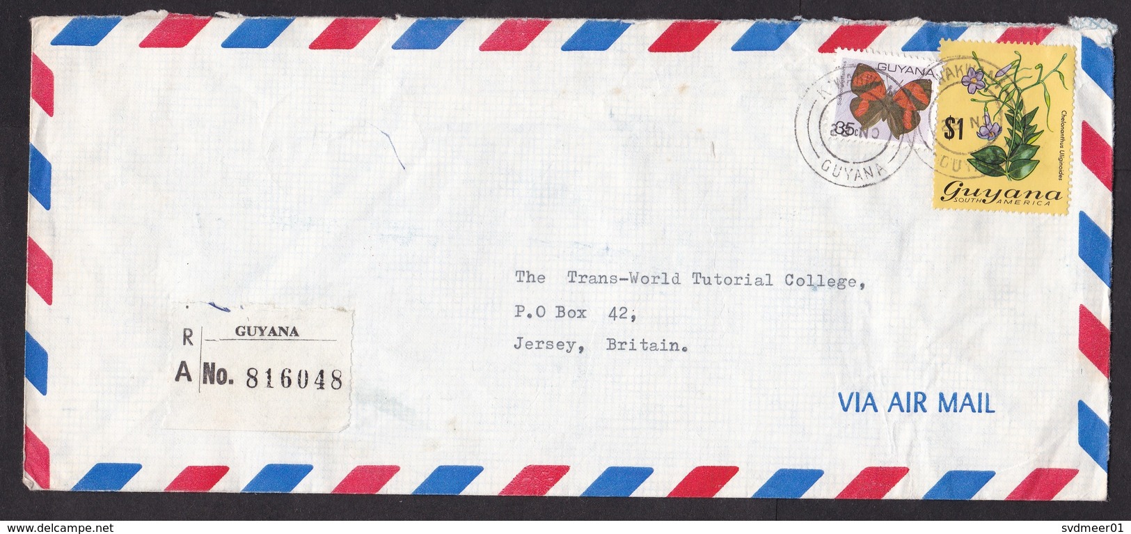 Guyana: Registered Airmail Cover To Jersey, 2 Stamps, Flower, Butterfly, Insect, R-label, Rare Real Use (minor Damage) - Guyana (1966-...)