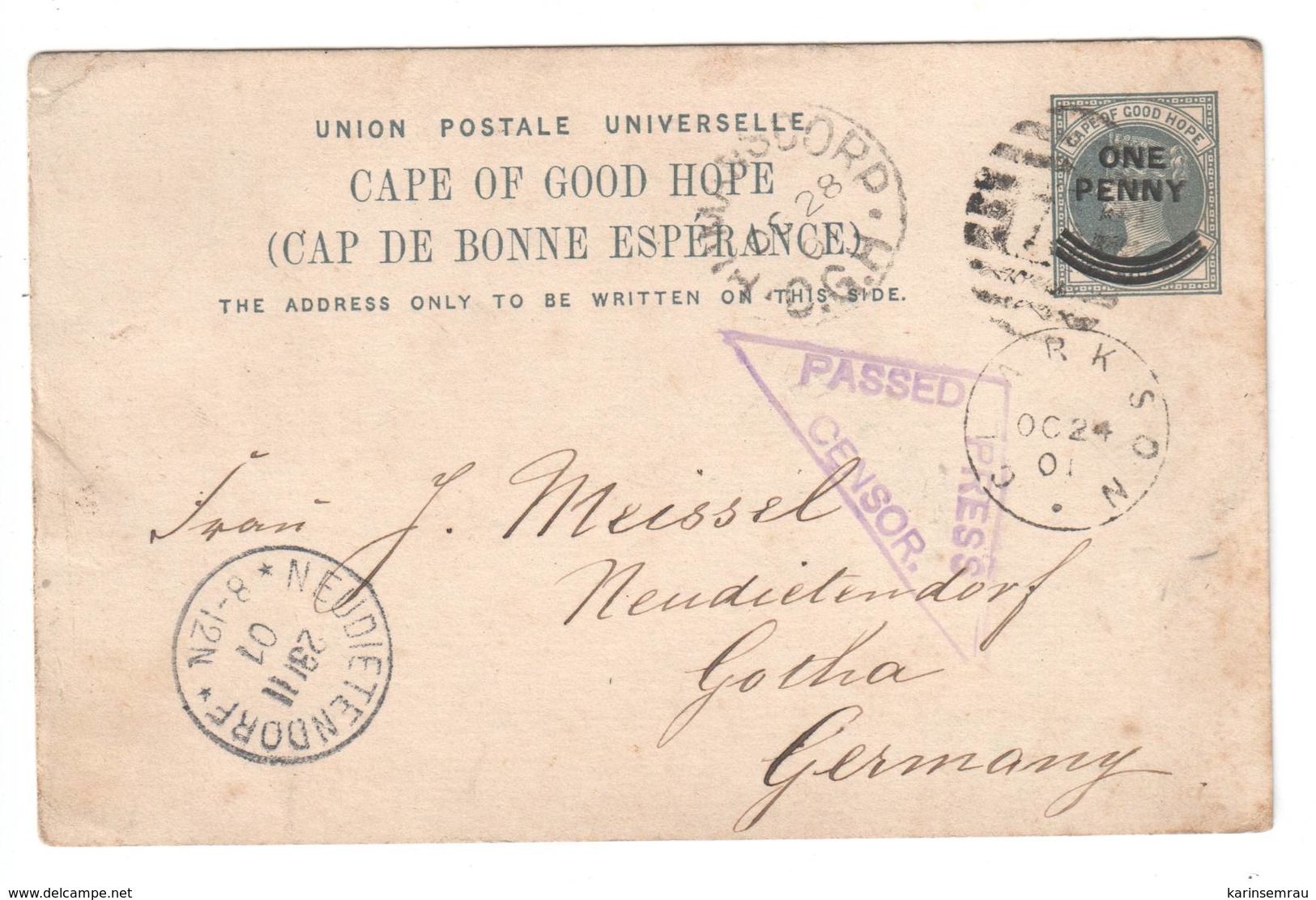 Kap Der Guten Hoffnung , Zensierte Ganzsache Nach Deutschland , 1901 - Cape Of Good Hope (1853-1904)