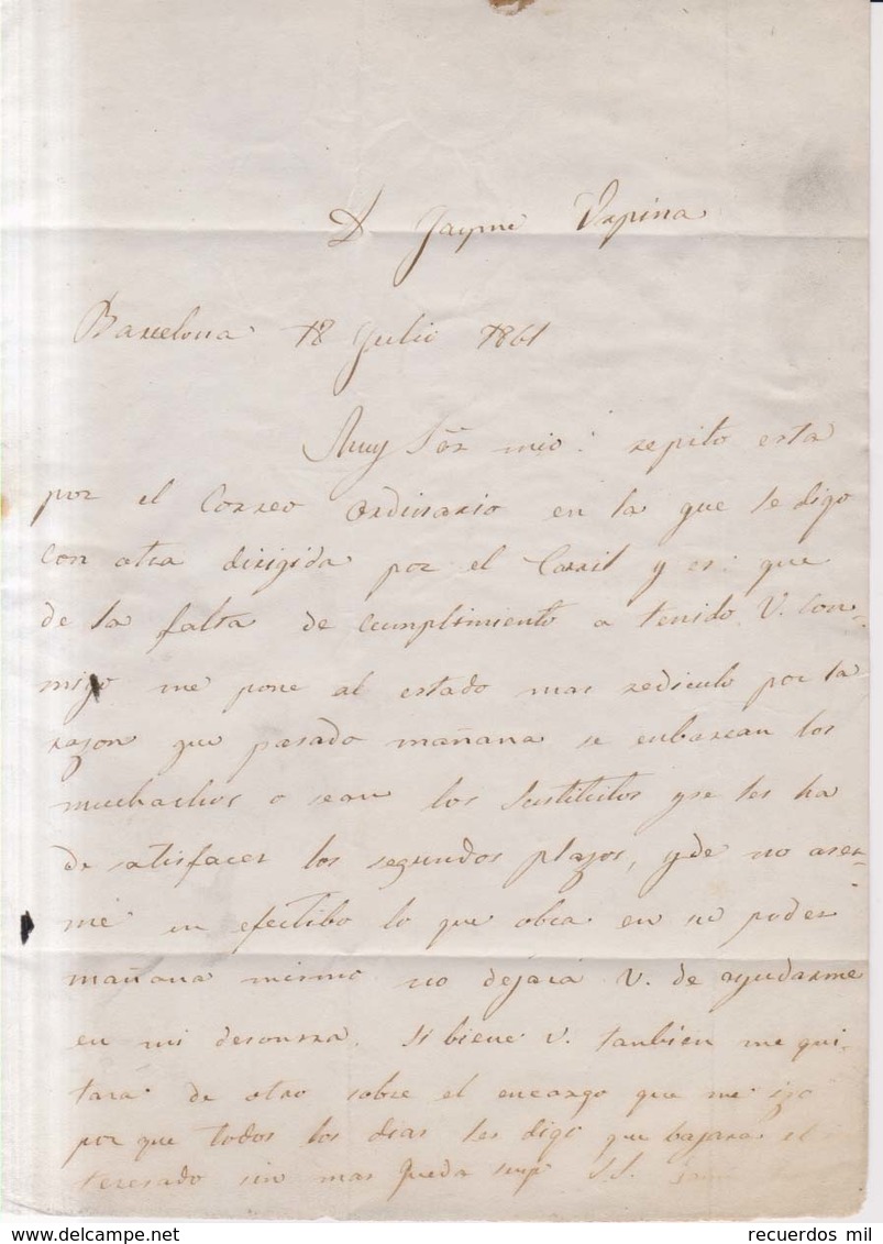 Año 1860 Edifil 52 Isabel II Carta Matasellos Rueda De Carreta 2  Barcelona 2 Tipo II - Covers & Documents