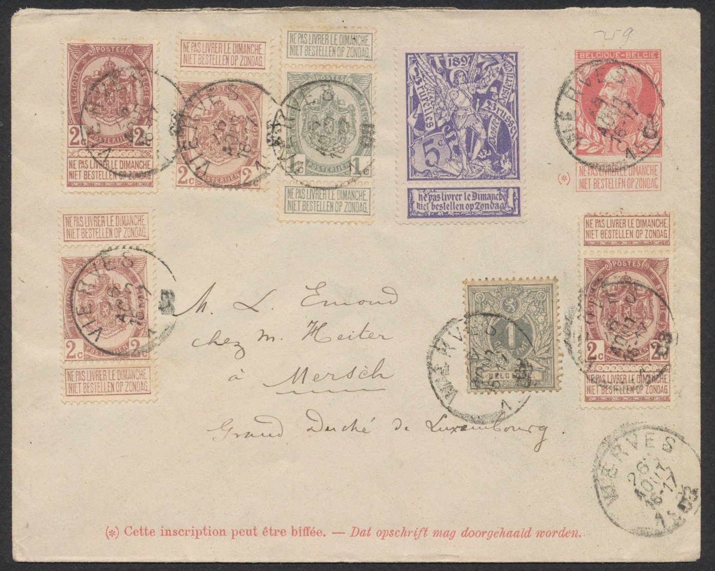 EP Au Type Env. 10ctm Rouge Grosse Barbe + N°43, 55 X4, 71 Et 81 De Vierves (1908) Vers Mersch (Gd. Du Luxembourg) - Enveloppes