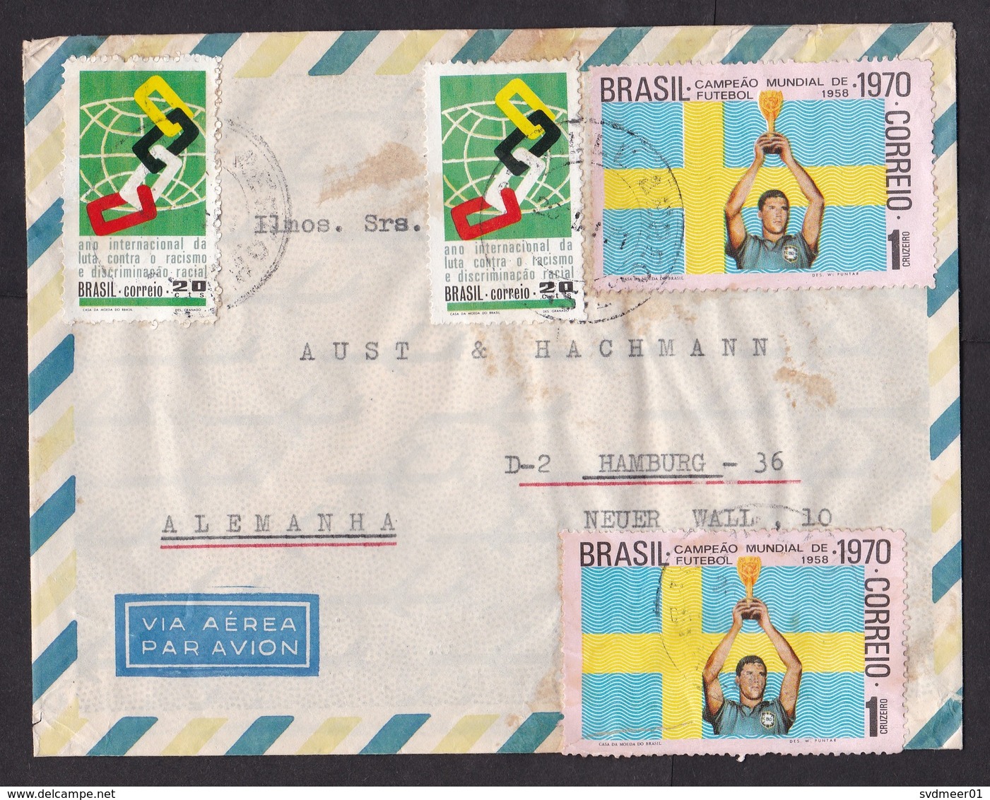 Brazil: Airmail Cover To Germany, 1971, 4 Stamps, World Cup Soccer, Sports, Racism, Discrimination (damaged) - Brieven En Documenten