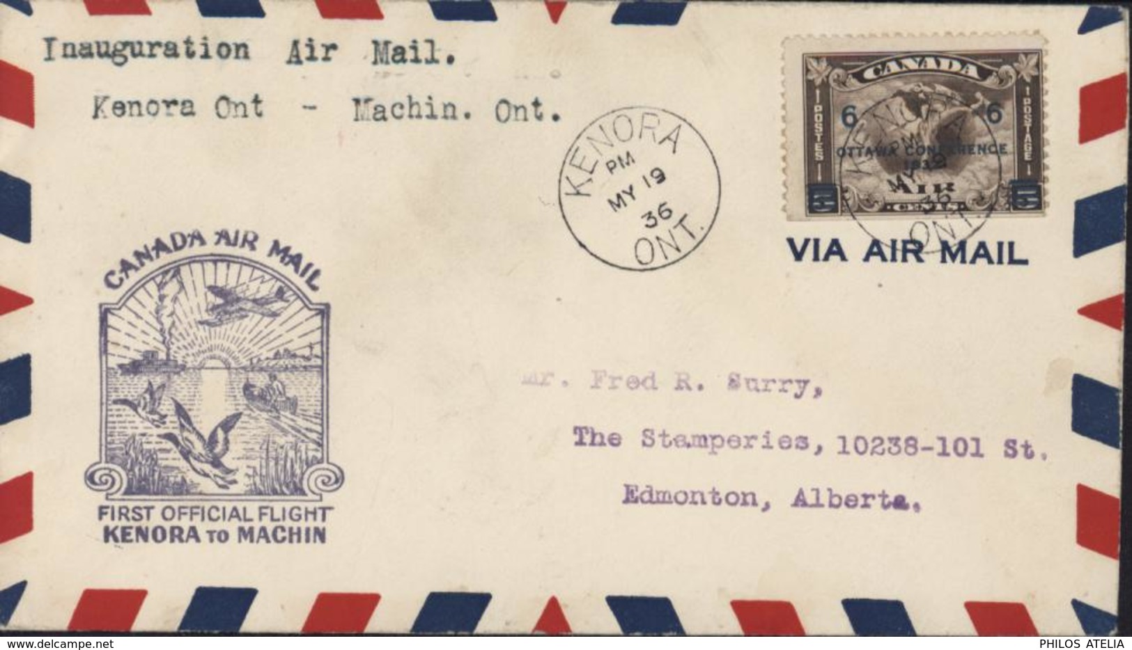 Canada Air Mail First Official Flight Kenora To Machin Inauguration Air Mail Kenora Ont Machin Ont. CAD Kenora My 19 36 - Poste Aérienne