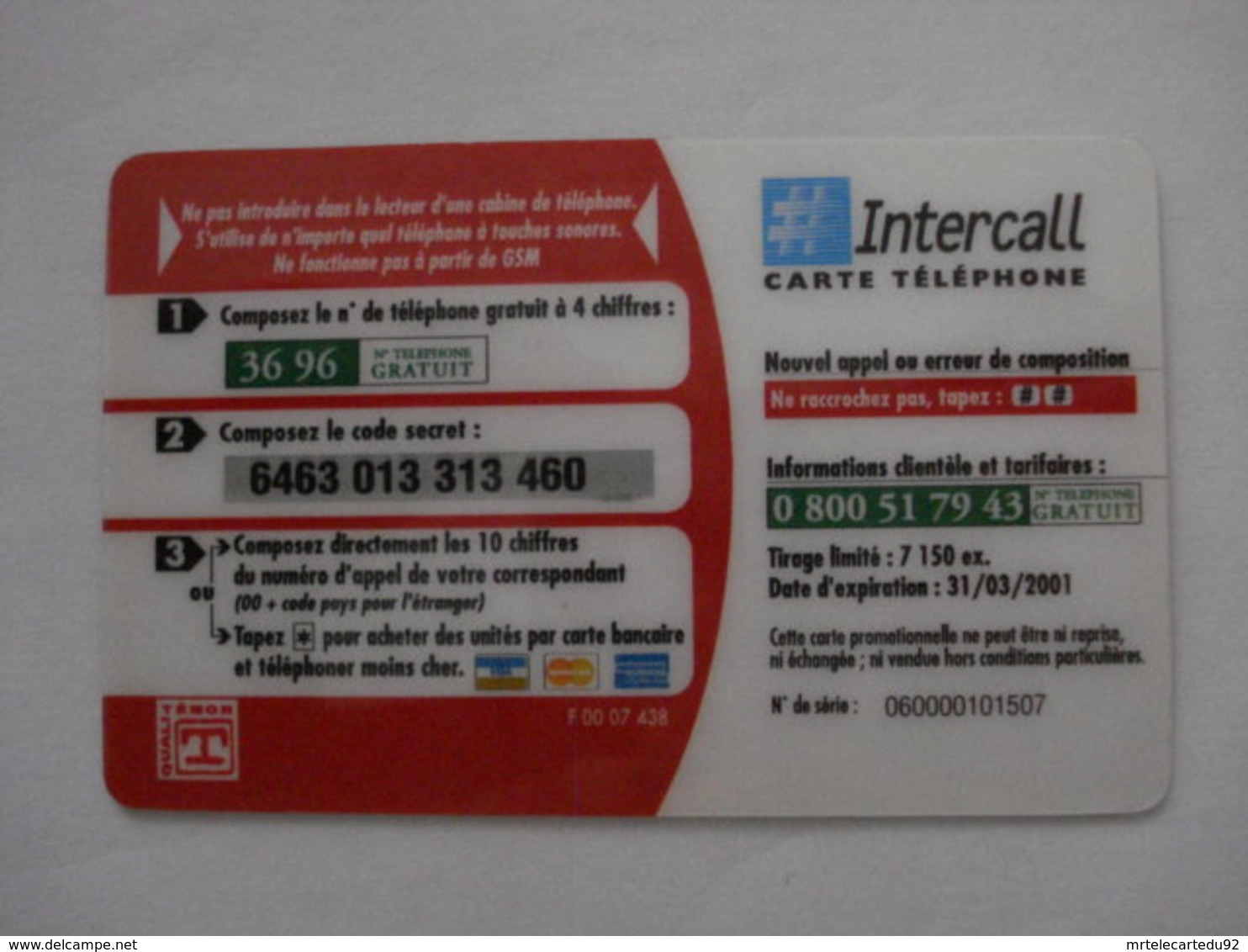 Carte Téléphonique Prépayée  " Intercall "  (utilisé). - Per Cellulari (ricariche)