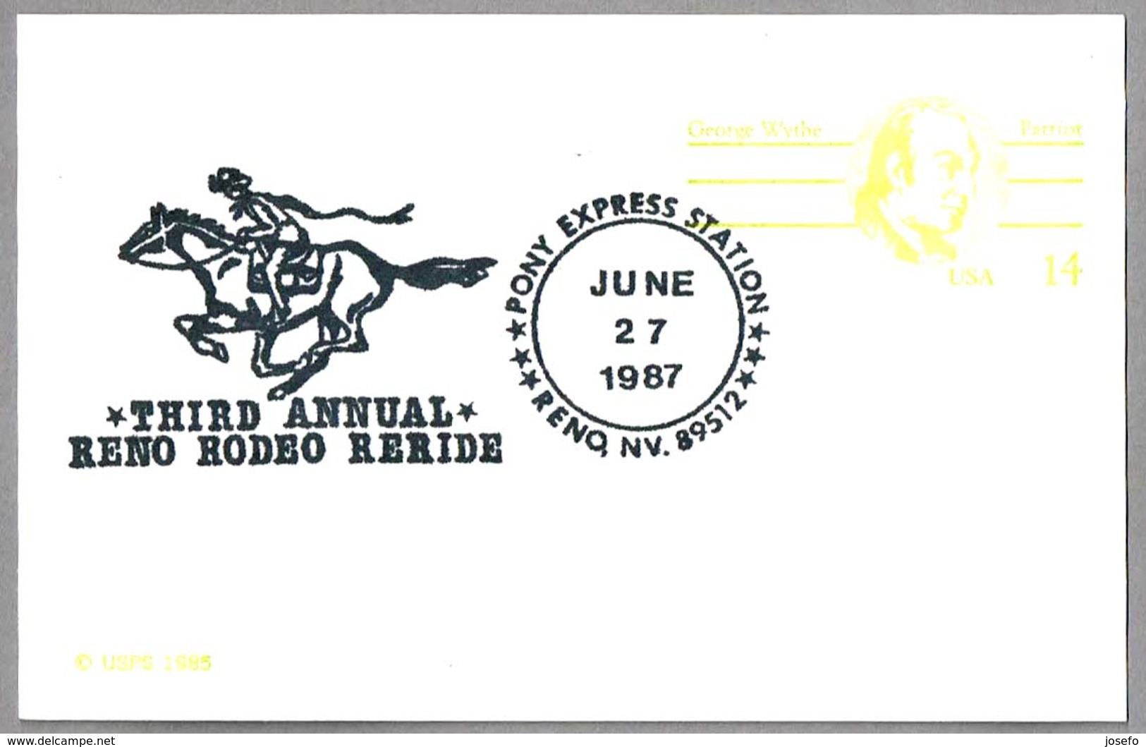 Third Annual Reno Rodeo Reride - PONY EXPRESS STATION. Reno NV 1987 - Correo Postal