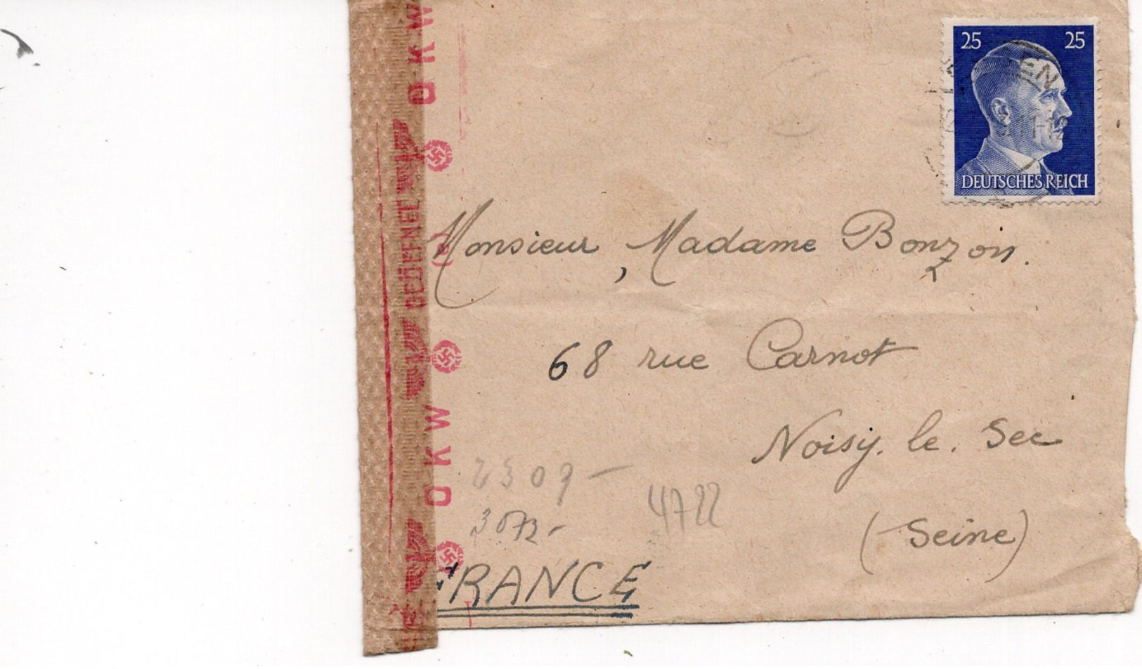 LAC 1943 - Censure - Geoffnet DKW - Au Dos Griffe ARBEILTAGER  Der Fried.Krups A.G. Strasse - ESSEN Sur YT 717 - Cartas & Documentos