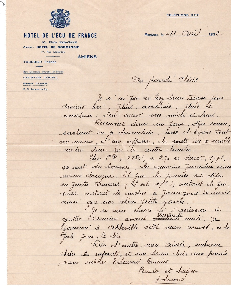 LAC 1932 - Entête - HOTEL DE L'ECU DE FRANCE  à  AMIENS - Flamme & Cachet Amiens Gare Sur Semeuse Lignée 50c - 1921-1960: Période Moderne