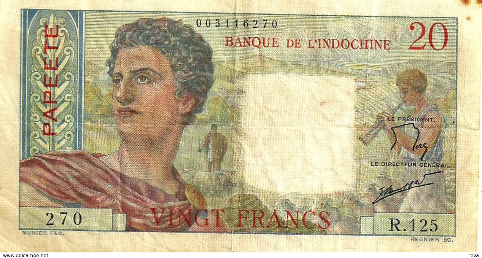 FRENCH POLYNESIA 20 FRANCS GREY MAN HEAD FRONT WOMAN BACK NOT DATED(1951) P21a 1ST SIG VARIETY VF READ DESCRIPTION!! - Papeete (French Polynesia 1914-1985)
