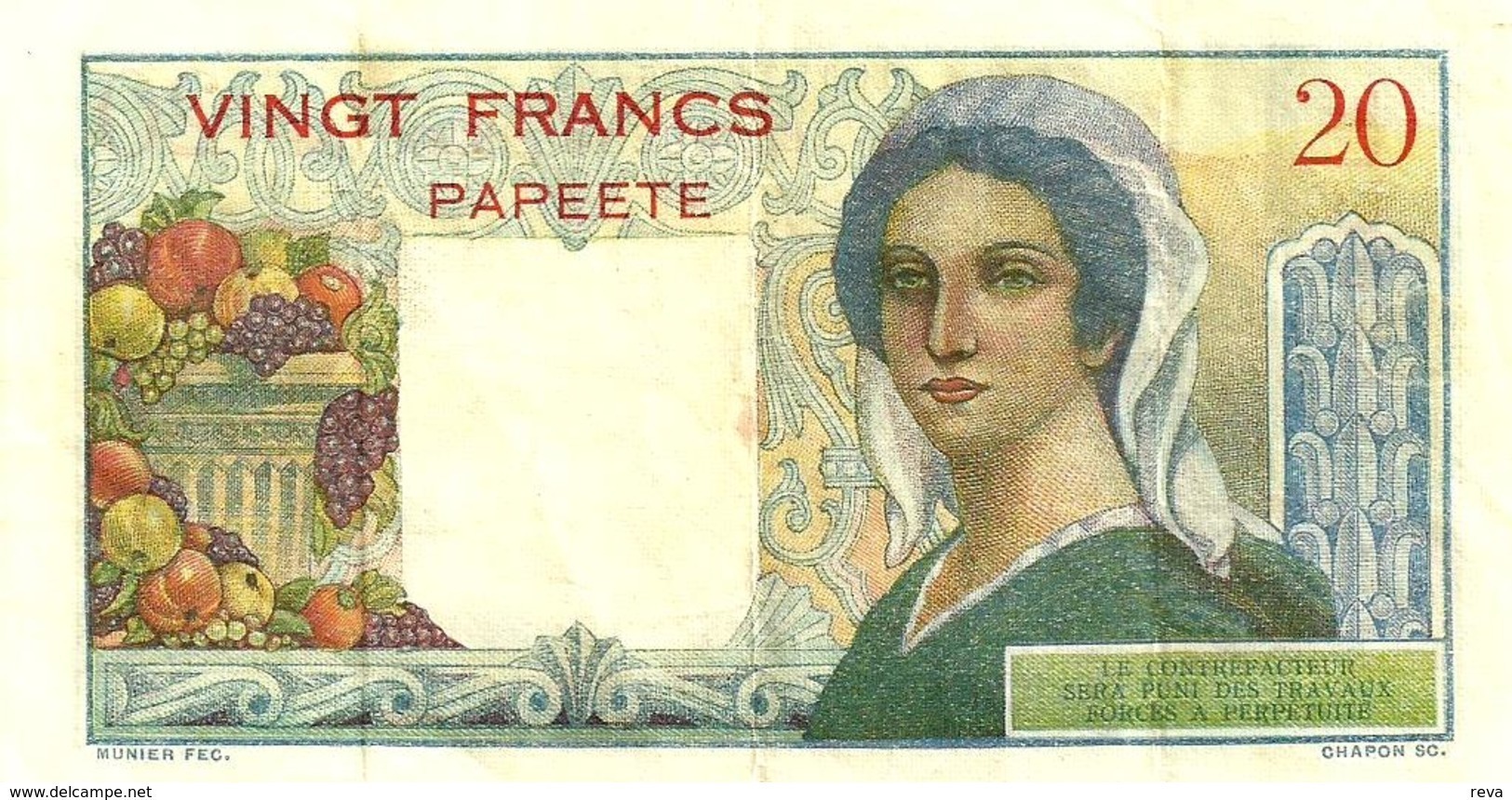 FRENCH POLYNESIA 20 FRANCS GREY MAN HEAD FRONT WOMAN BACK NOT DATED(1951) P21a 1ST SIG VARIETY VF READ DESCRIPTION!! - Papeete (French Polynesia 1914-1985)