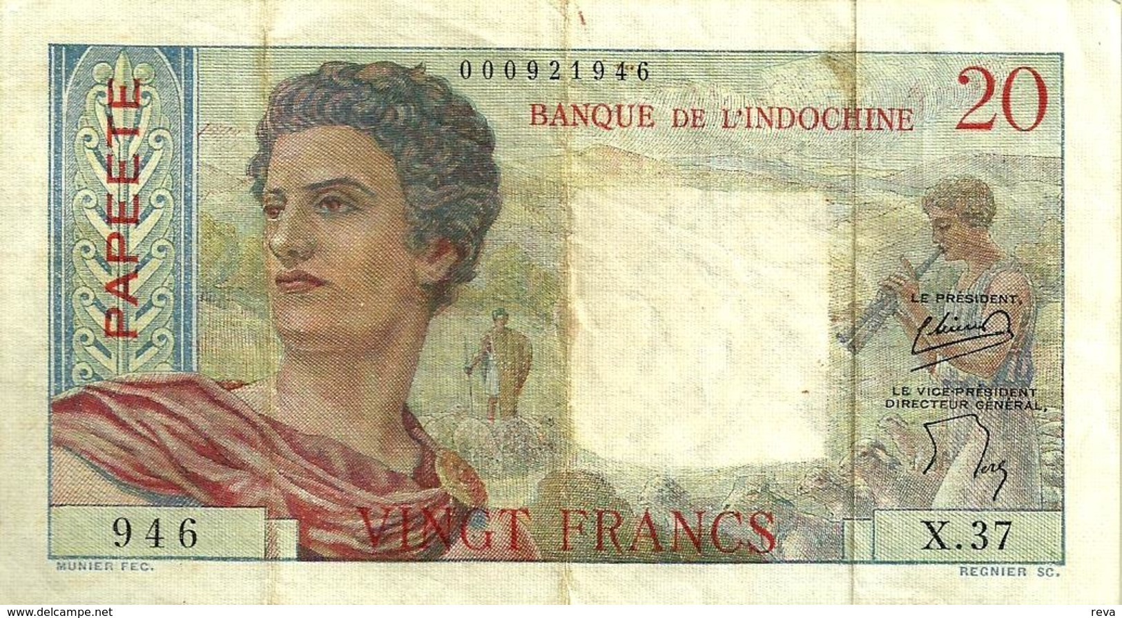 FRENCH POLYNESIA 20 FRANCS GREY MAN HEAD FRONT WOMAN BACK NOT DATED(1951) P21a 1ST SIG VARIETY VF READ DESCRIPTION!! - Papeete (French Polynesia 1914-1985)