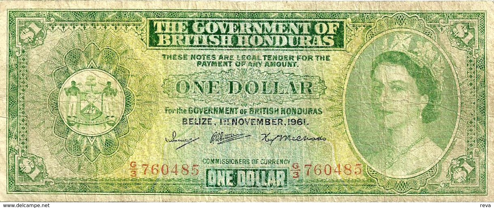 BRITSH  HONDURAS $1 GREEN WOMAN QEII FRONT & MOTIF BACK DATED 01-11-1961 F P28a READ DESCRIPTION!! - Sonstige – Amerika