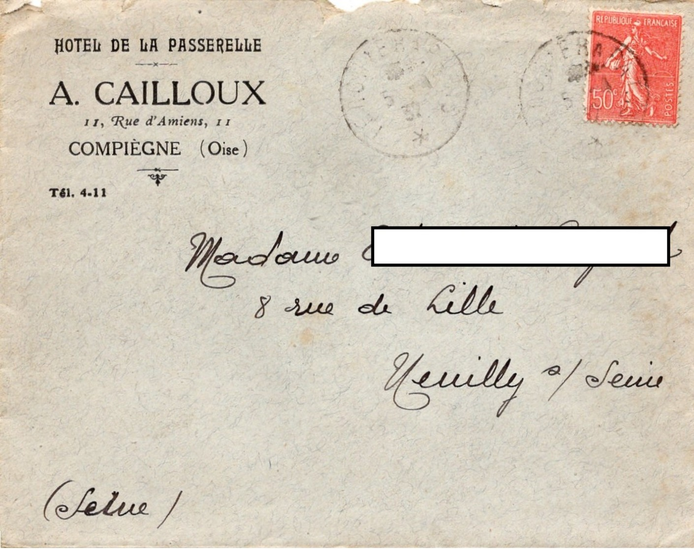 LAC 1932 - Entête - HOTEL DE LA PASSERELLE (A.CAILLOUX)  à  COMPIEGNE - Cachet Sur Semeuse Lignée 50c - 1921-1960: Période Moderne