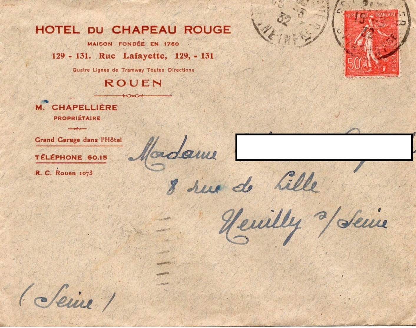 LAC 1932 - Entête - HOTEL Du CHAPEAU ROUGE  à  ROUEN - Cachet  Sur Semeuse Lignée 50c - 1921-1960: Période Moderne