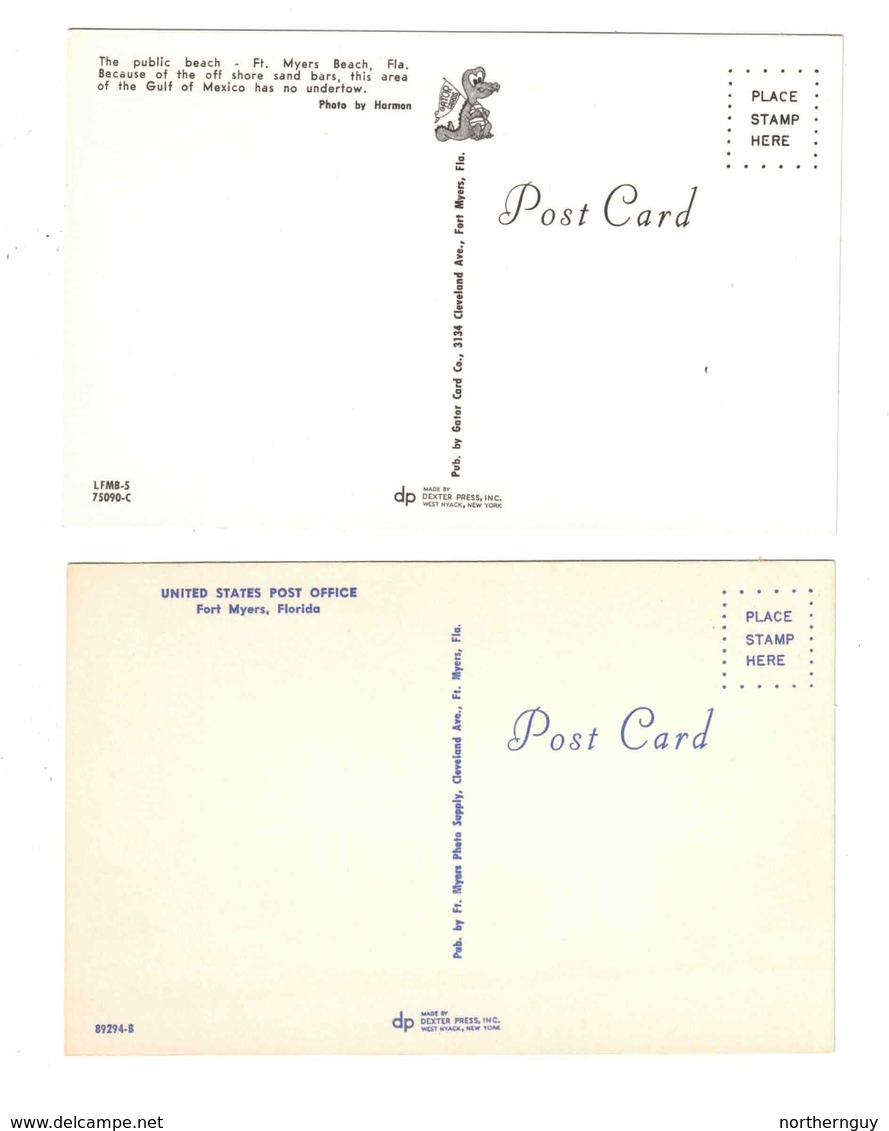 2 Different FORT MYERS, Florida, USA, Public Beach & Post Office, Old Chrome Postcards - Fort Myers