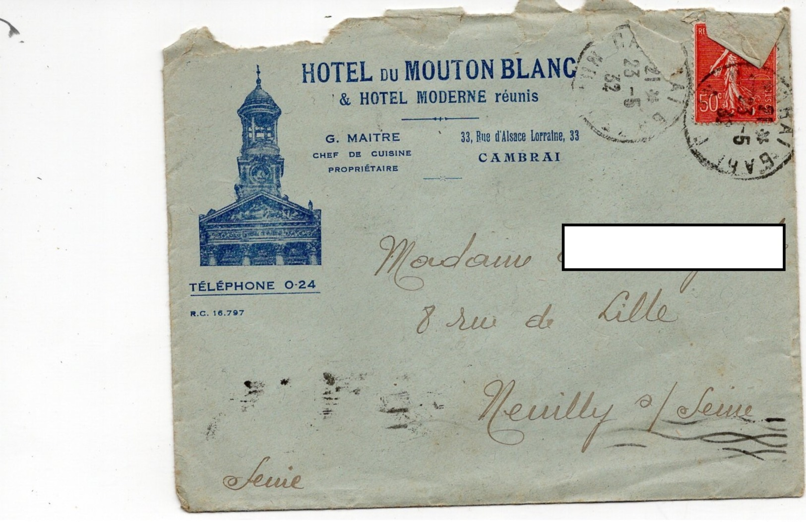 LAC 1932 - Entête Illustrée - HOTEL Du MOUTON BLANC  à  CAMBRAI - Cachet Cambrai Sur Semeuse Lignée 50c - 1921-1960: Période Moderne