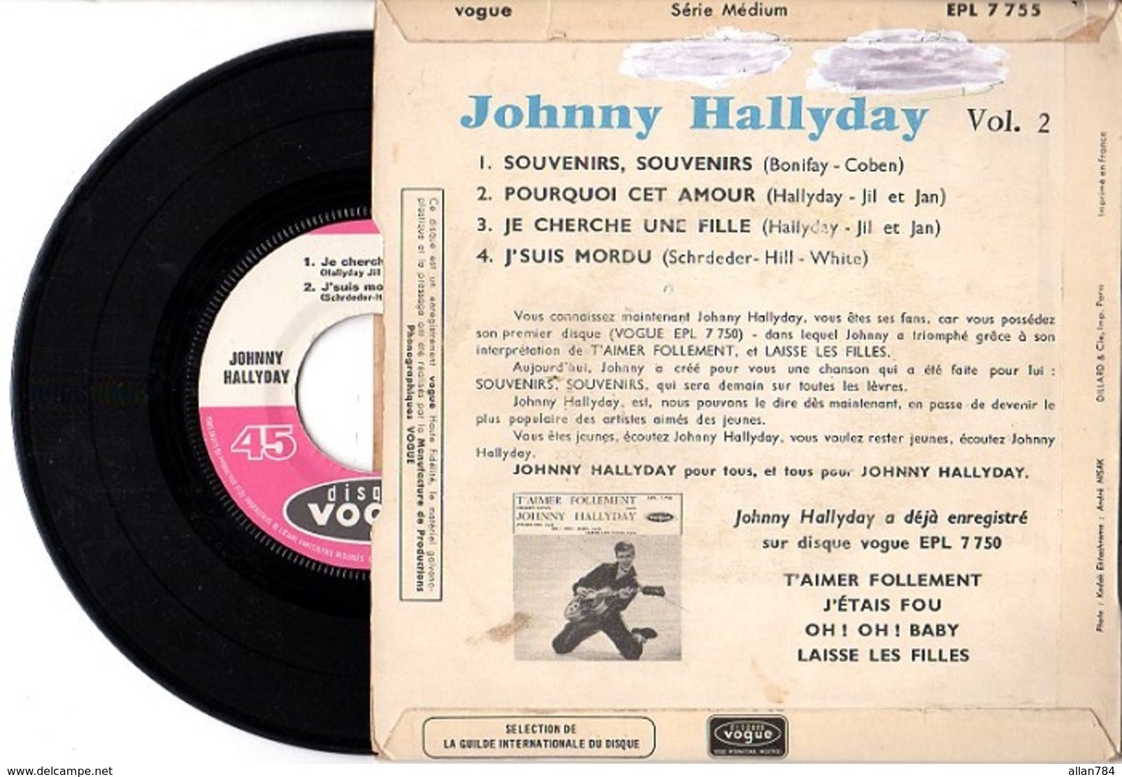 FRENCH EP JOHNNY HALLYDAY - 1960 VOGUE EPL 7755 - SOUVENIRS SOUVENIRS + 3 - TB ETAT - SPECIAL GUILDE INTERNAT DU DISQUE - Rock