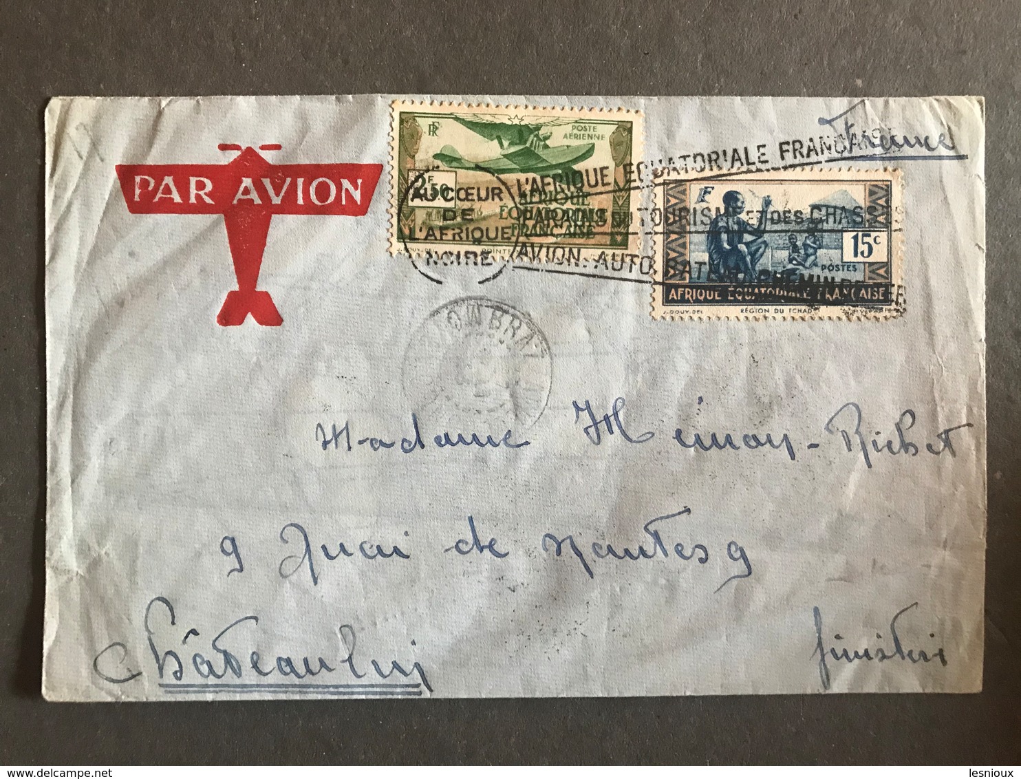 Congo 1938 Lettre Enveloppe Lettre Daguin Au Coeur De L' Afrique Noire Pour Châteaulin Cover Brazzaville - Cartas & Documentos