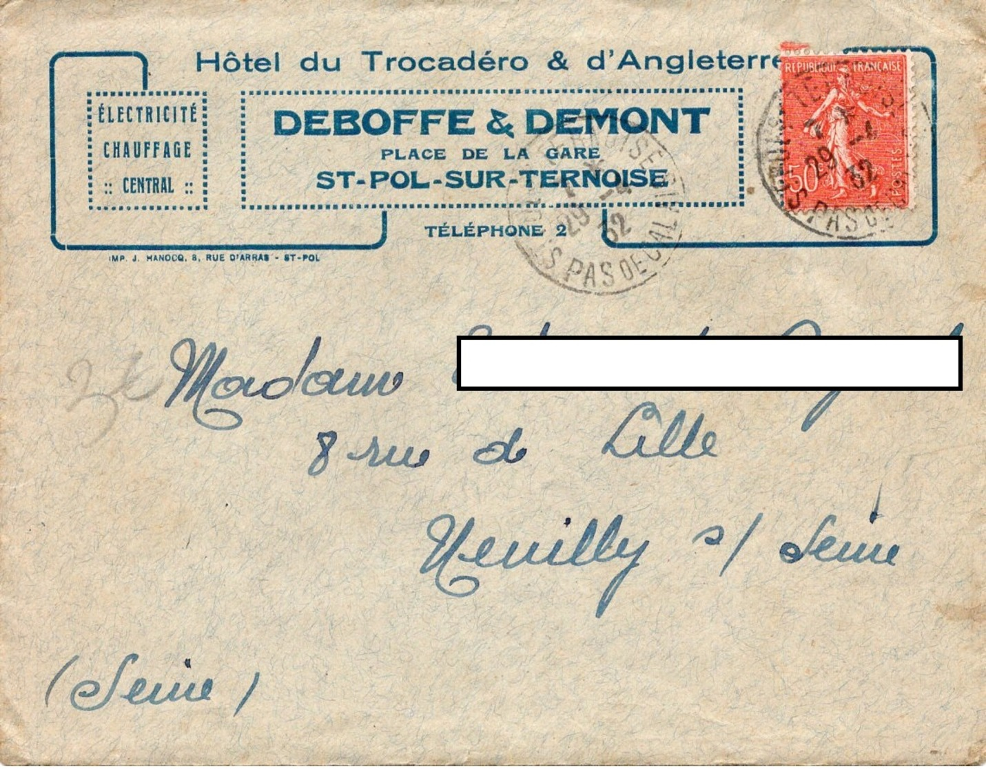 LAC 1932 - Entête - HOTEL Du TROCADERO & D'ANGLETERRE (DEBOFFE & DEMONT)  à  ST POL SUR TERNOISE (Pas De Calais) - 1921-1960: Période Moderne