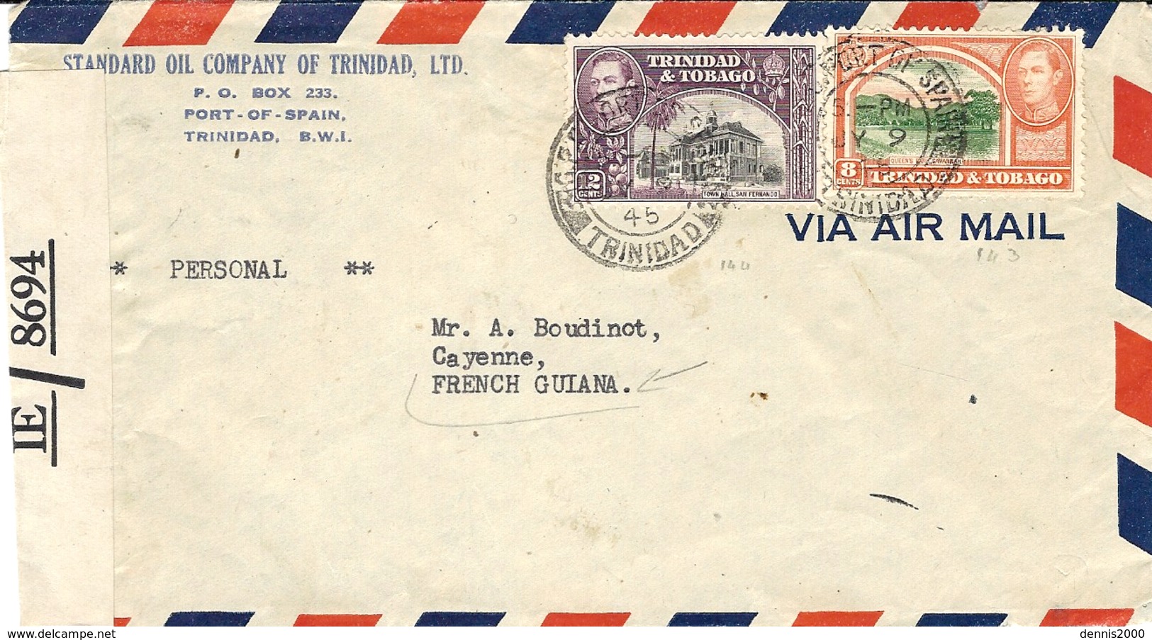 1945- Enveloppe Par Avion De Port Of Spain Pour  Cayenne ( Guyane ) Censure Brittanique I E / 8694 - Trinité & Tobago (1962-...)