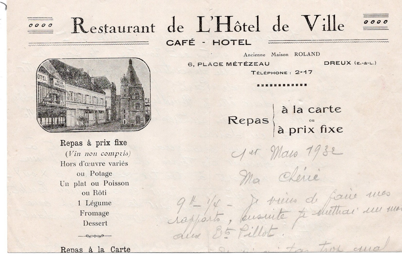 LAC 1932 - Entête - HOTEL Café Restaurant De L'Hôtel De Ville (Paul ROLAND)  à  DREUX - Cachet Gare De Dreux Sur Semeuse - 1921-1960: Période Moderne