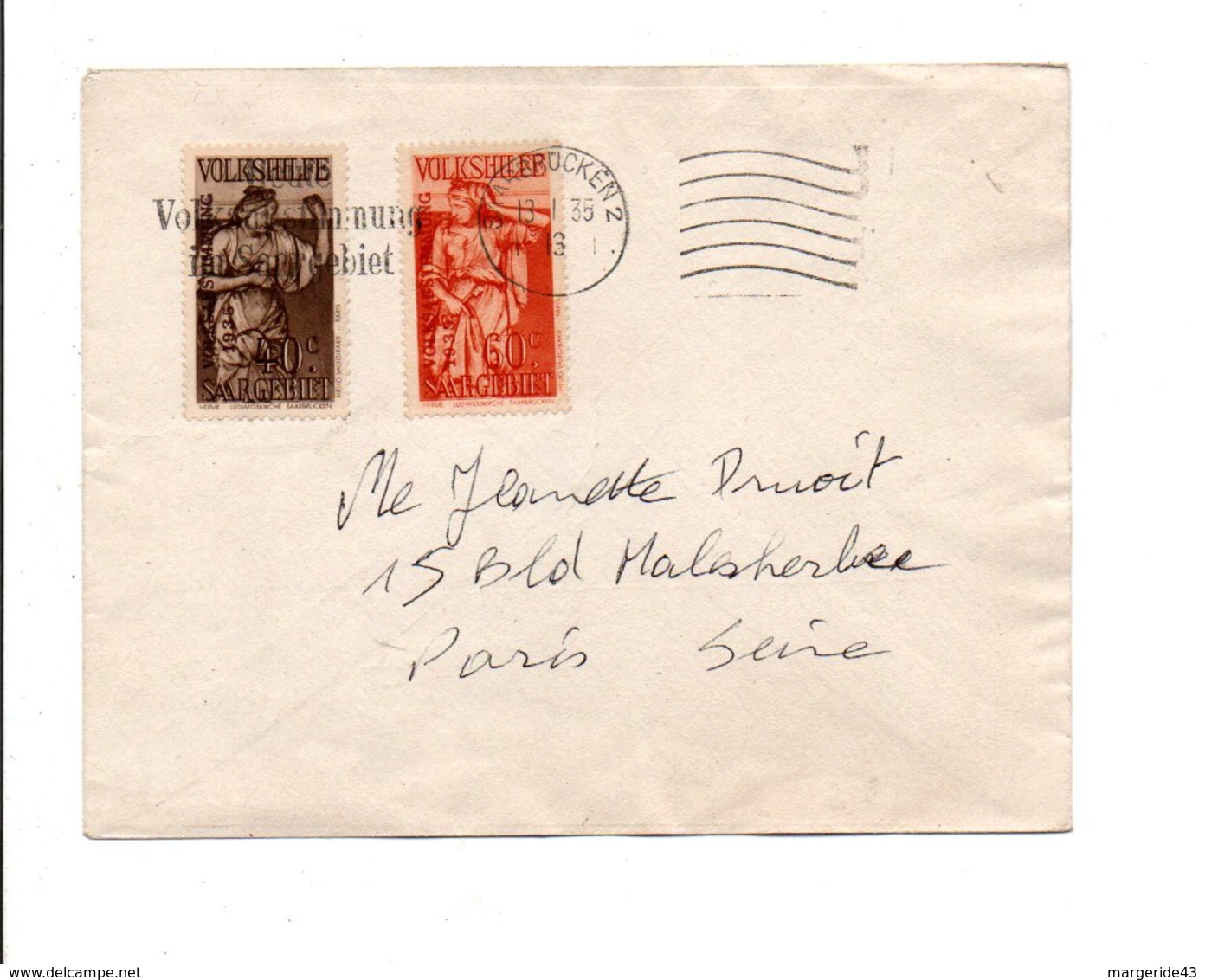 SARRE AFFRANCHISSEMENT COMPOSE SUR LETTRE POUR LA FRANCE 1935 - Storia Postale