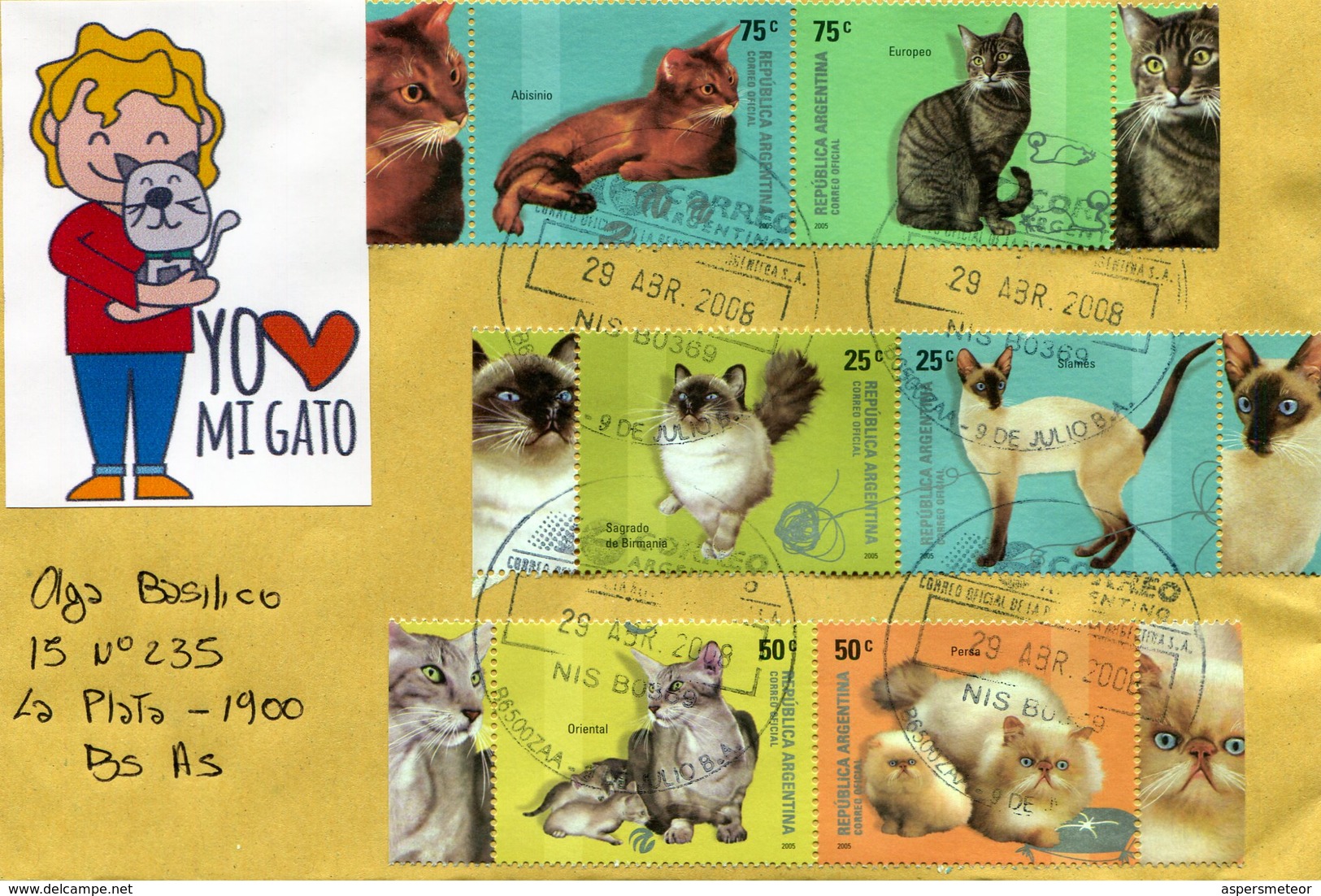 "YO AMO MI GATO". GATOS. CATS. ARGENTINA SOBRE CIRCULADO 2008. ENVELOPPE CIRCULEE - NTVG. - Katten
