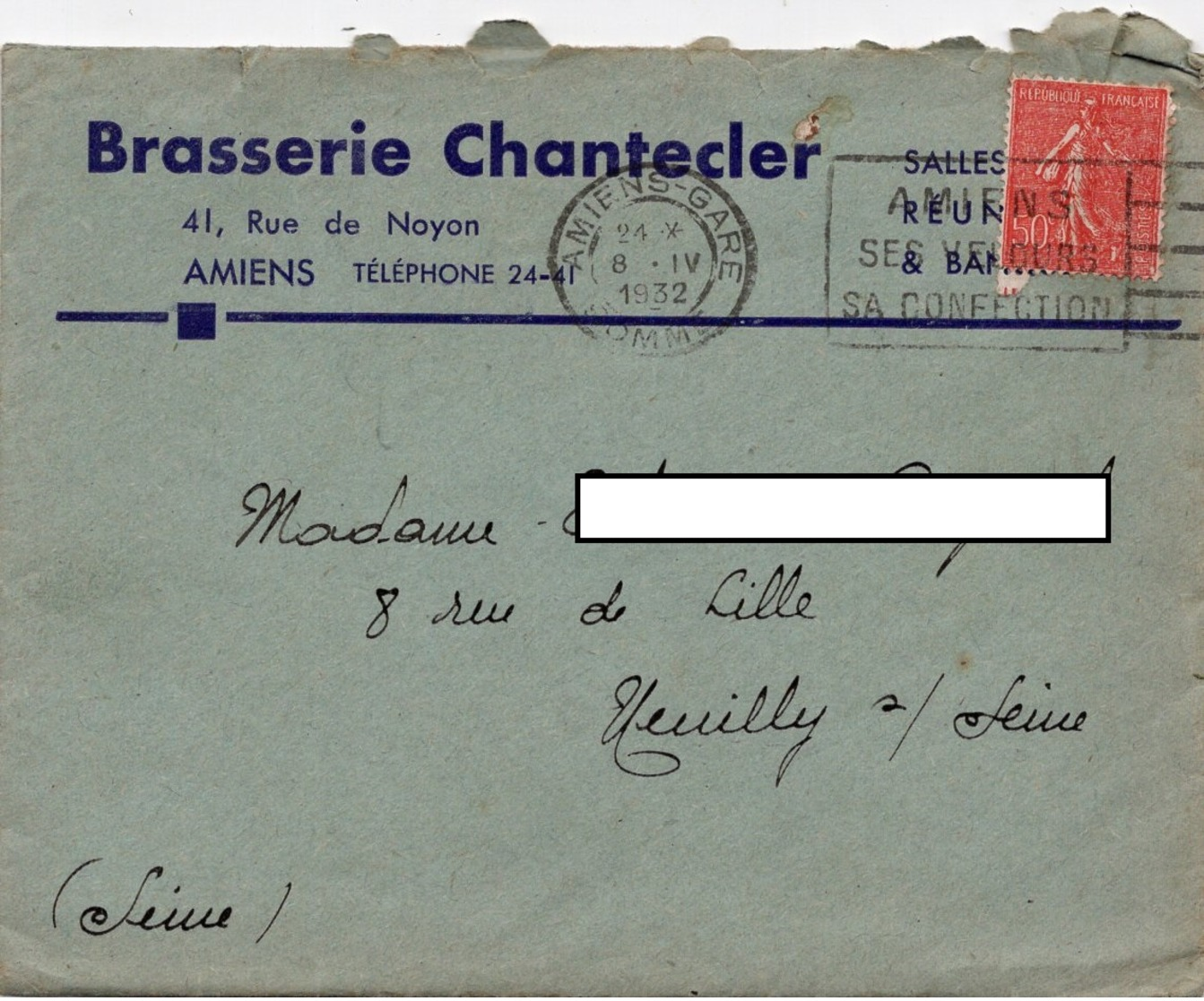 LAC 1932 - Entête - BRASSERIE CHANTECLER  à  AMIENS - Flamme Et Cachet Amiens Gare Sur Semeuse Lignée 50c - 1921-1960: Période Moderne