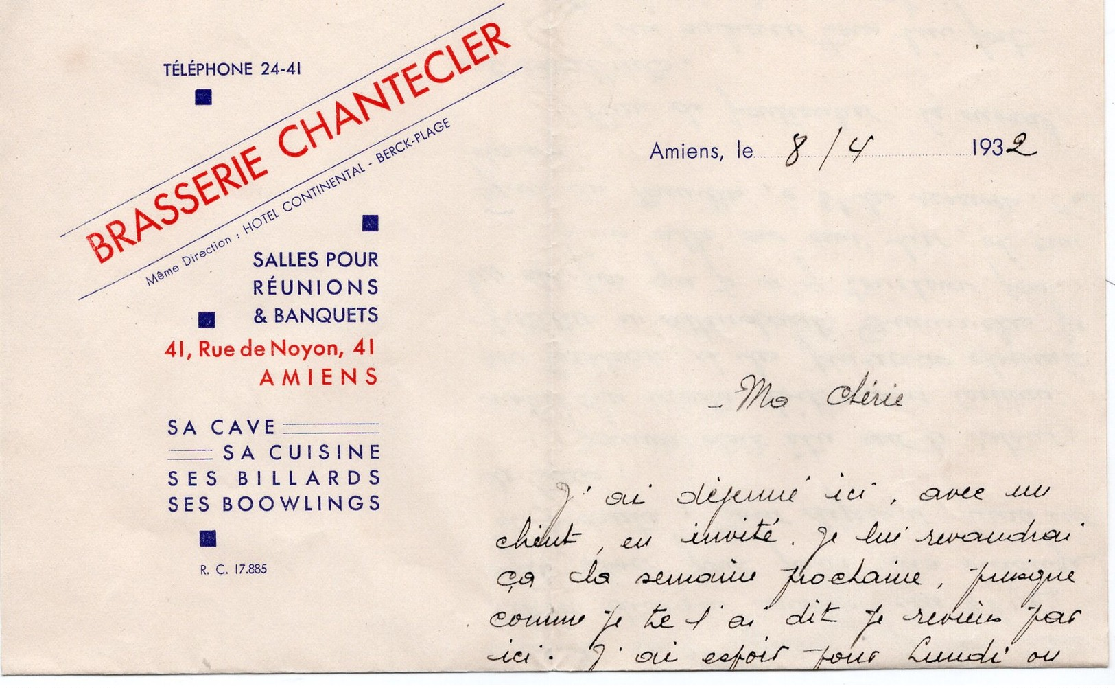 LAC 1932 - Entête - BRASSERIE CHANTECLER  à  AMIENS - Flamme Et Cachet Amiens Gare Sur Semeuse Lignée 50c - 1921-1960: Periodo Moderno