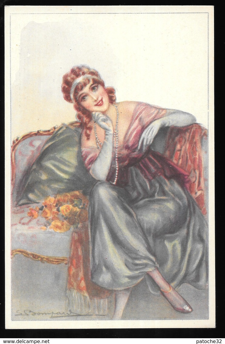 Cpa...illustrateur Italien...Bompard .S...art Nouveau...femme élégante Assisesur Un Sofa Avec Bouquet De Fleurs - Bompard, S.