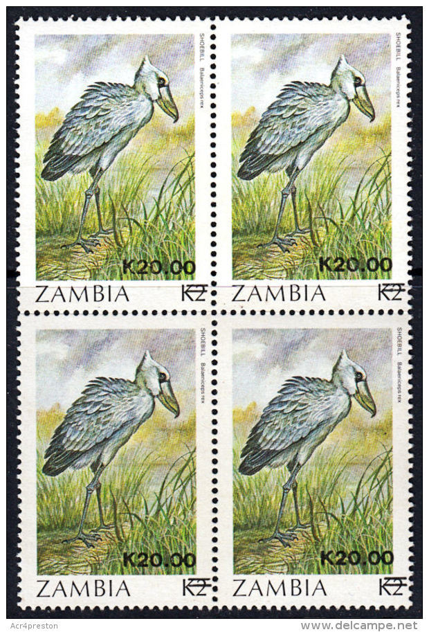 C0071 ZAMBIA 1989, SG 594 K20 Surcharge On K2 Stork (birds), MNH Block Of 4 - Zambia (1965-...)