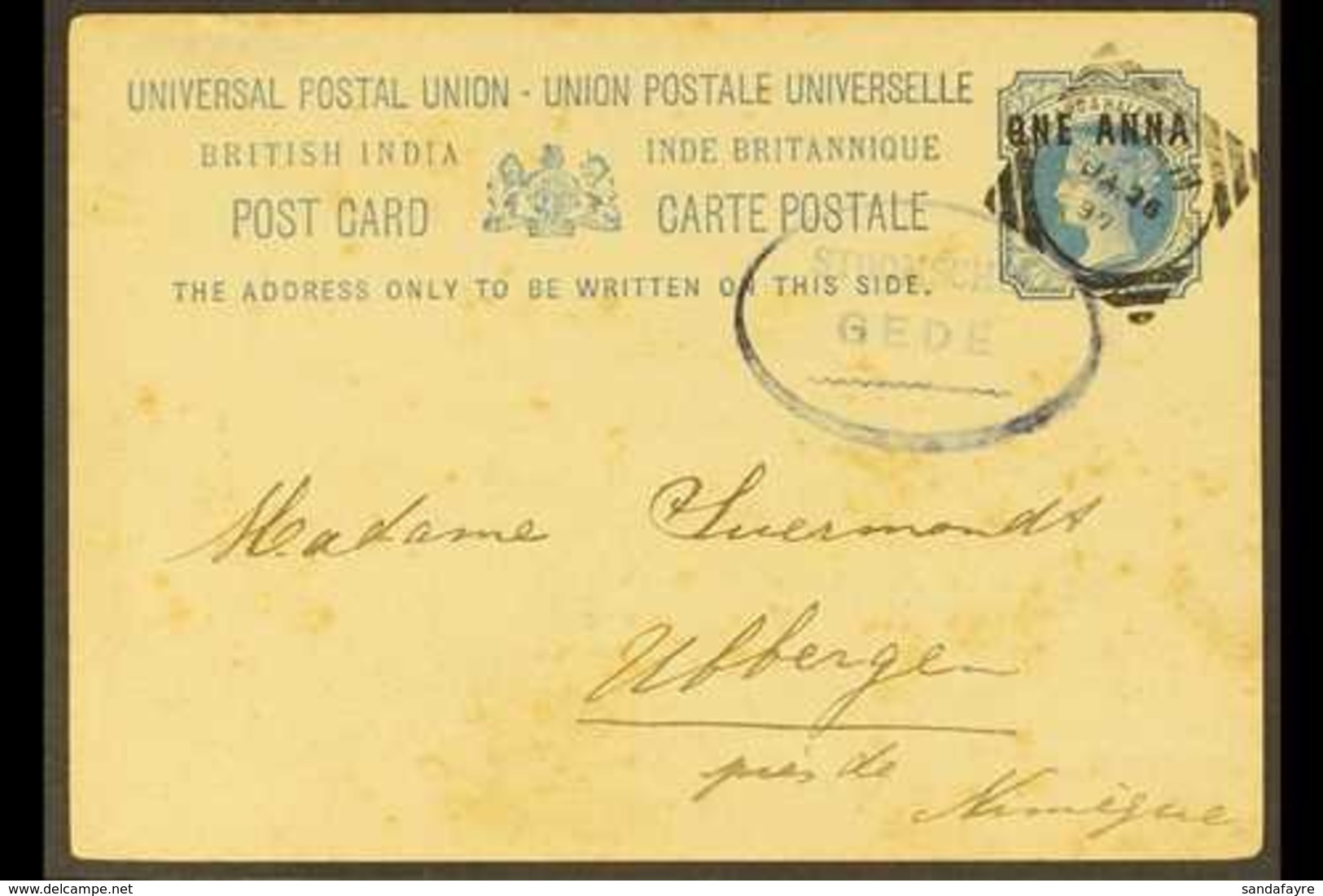 1897  (25 Jan) India 1a On 1½a Postal Card To Holland With Aden Squared Circle Cancel; Alongside "STOOMSCHIP / GEDE" Ova - Aden (1854-1963)