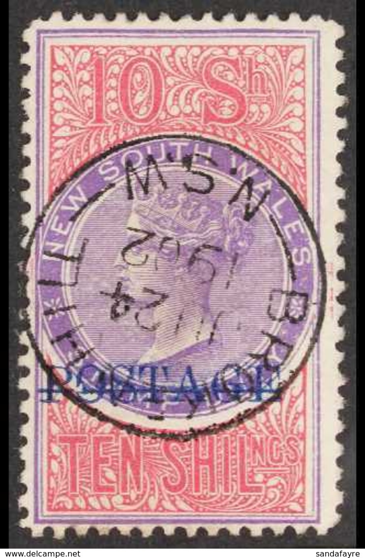 NEW SOUTH WALES  1894-1904 10s Violet & Claret "POSTAGE" Overprint Perf 12x11, SG 275b, Fine Used With Superb "Broken Hi - Sonstige & Ohne Zuordnung