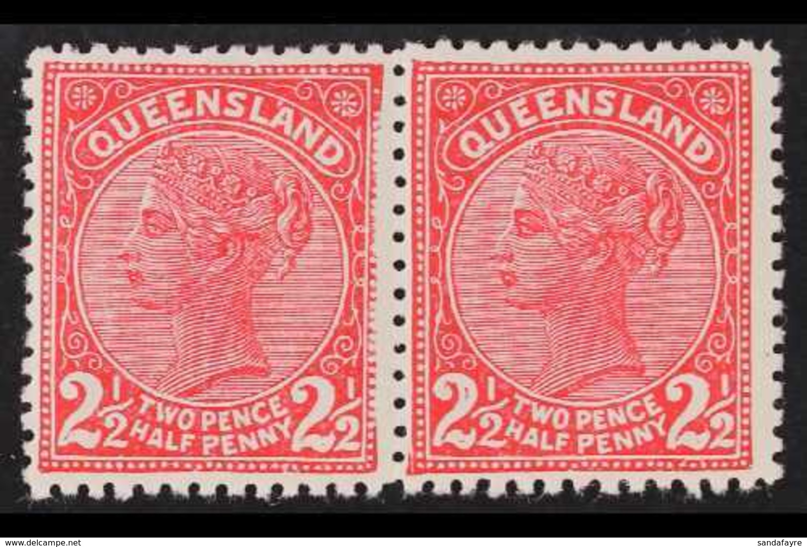 QUEENSLAND  1890 2½d Carmine, Horizontal Pair, WEAK IMPRESSION Of Right Hand-side Of Frame On Left Stamp, SG 191, Very F - Sonstige & Ohne Zuordnung