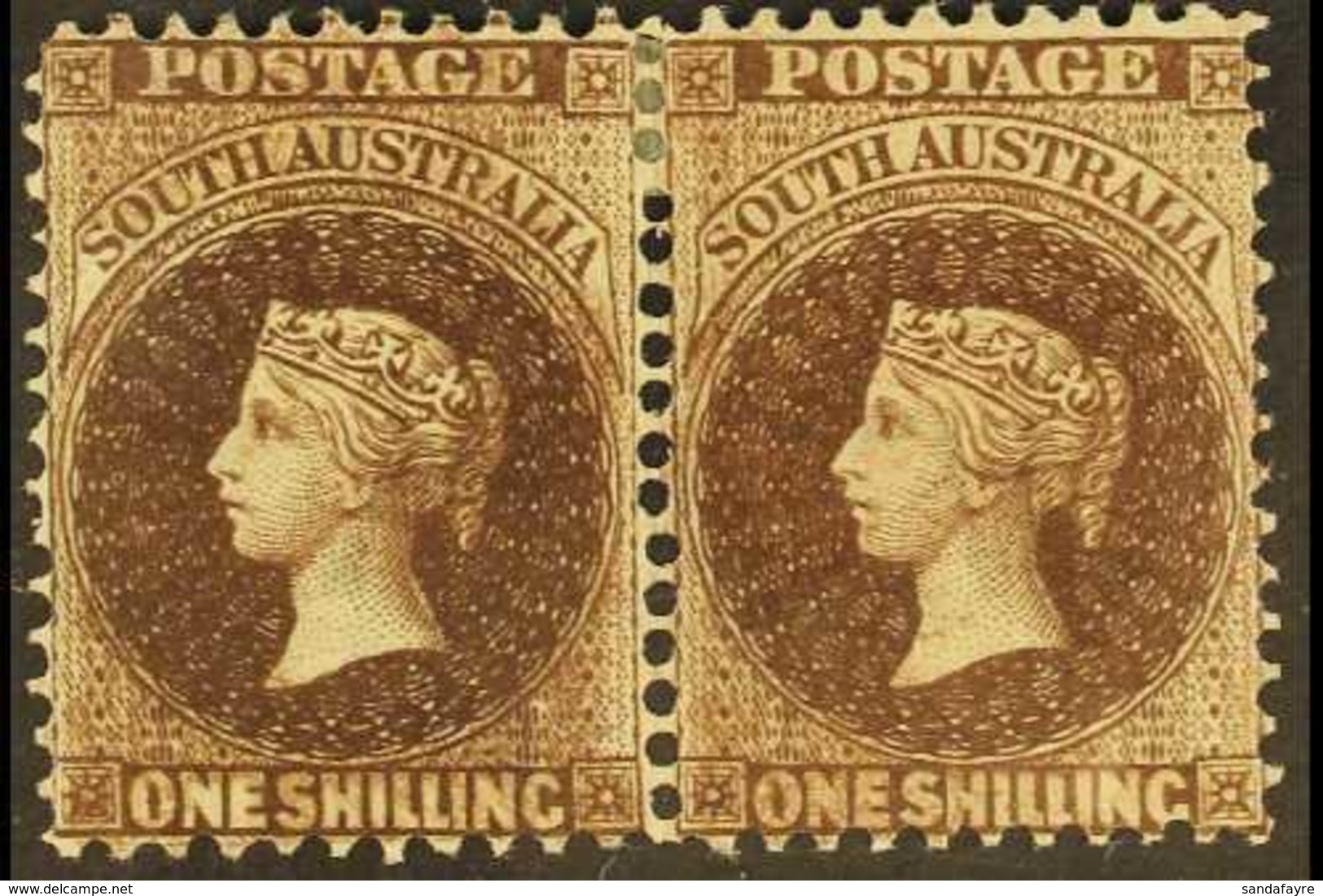 SOUTH AUSTRALIA  1868-79 1s Dark Red Brown (p11½-12½), SG 82, Fine Mint Pair With Partial Double Print To Left Stamp. Lo - Sonstige & Ohne Zuordnung