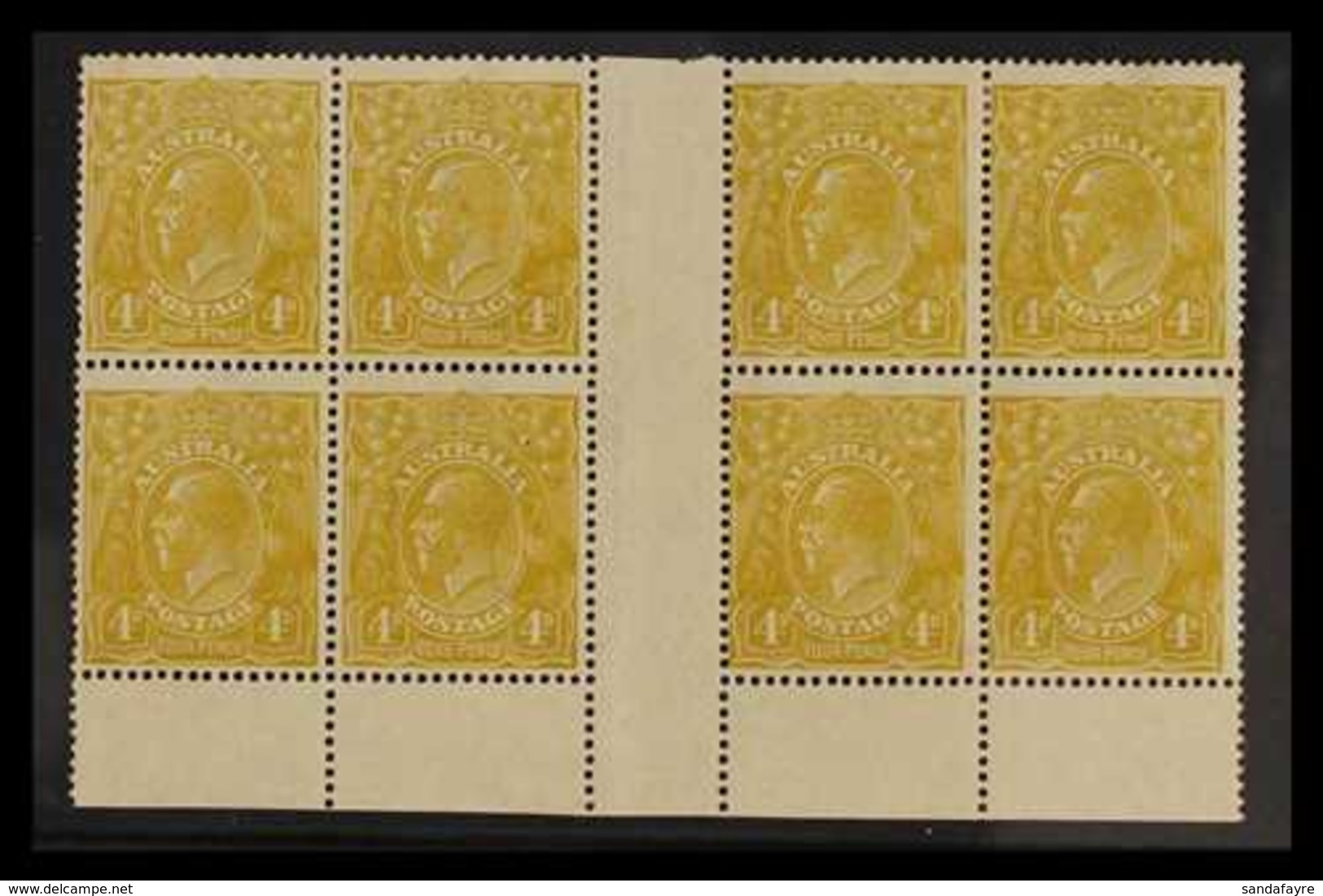 1924  KGV 4d Olive-yellow, SG 80, Lower Marginal INTERPANNEAU BLOCK OF EIGHT Mint, The Bottom Row Never Hinged, Light Ev - Sonstige & Ohne Zuordnung