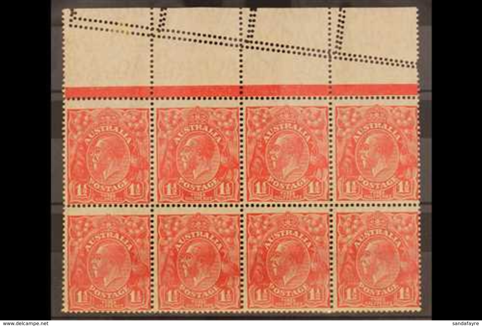 1926-30 DRAMATIC MIS-PERFORATED  1½d Scarlet Perf 14, SG 86, Upper Marginal Block Of Eight Showing In The Margin Two Fur - Sonstige & Ohne Zuordnung