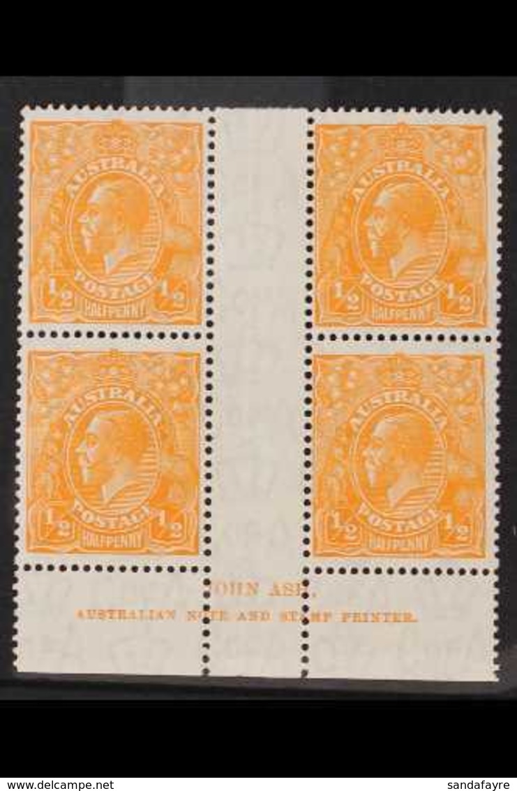 1931-36  KGV ½d Orange, SG 124, ASH Imprint Gutter Block Of Four, Very Fine Mint, The Stamps Never Hinged. For More Imag - Sonstige & Ohne Zuordnung