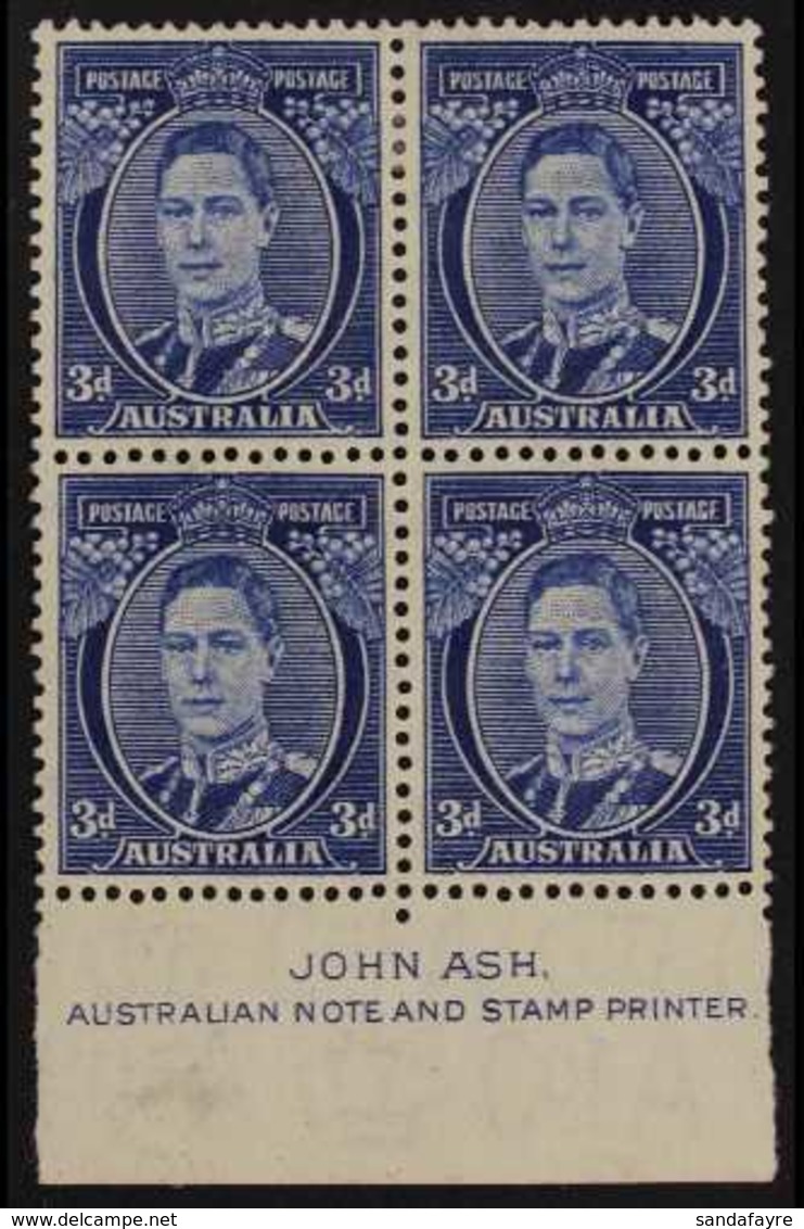 1937-49  3d Bright Blue (Die III), Perf 15 X 14, SG 186, ASH IMPRINT BLOCK OF FOUR, Very Fine Mint (lower Pair Never Hin - Sonstige & Ohne Zuordnung