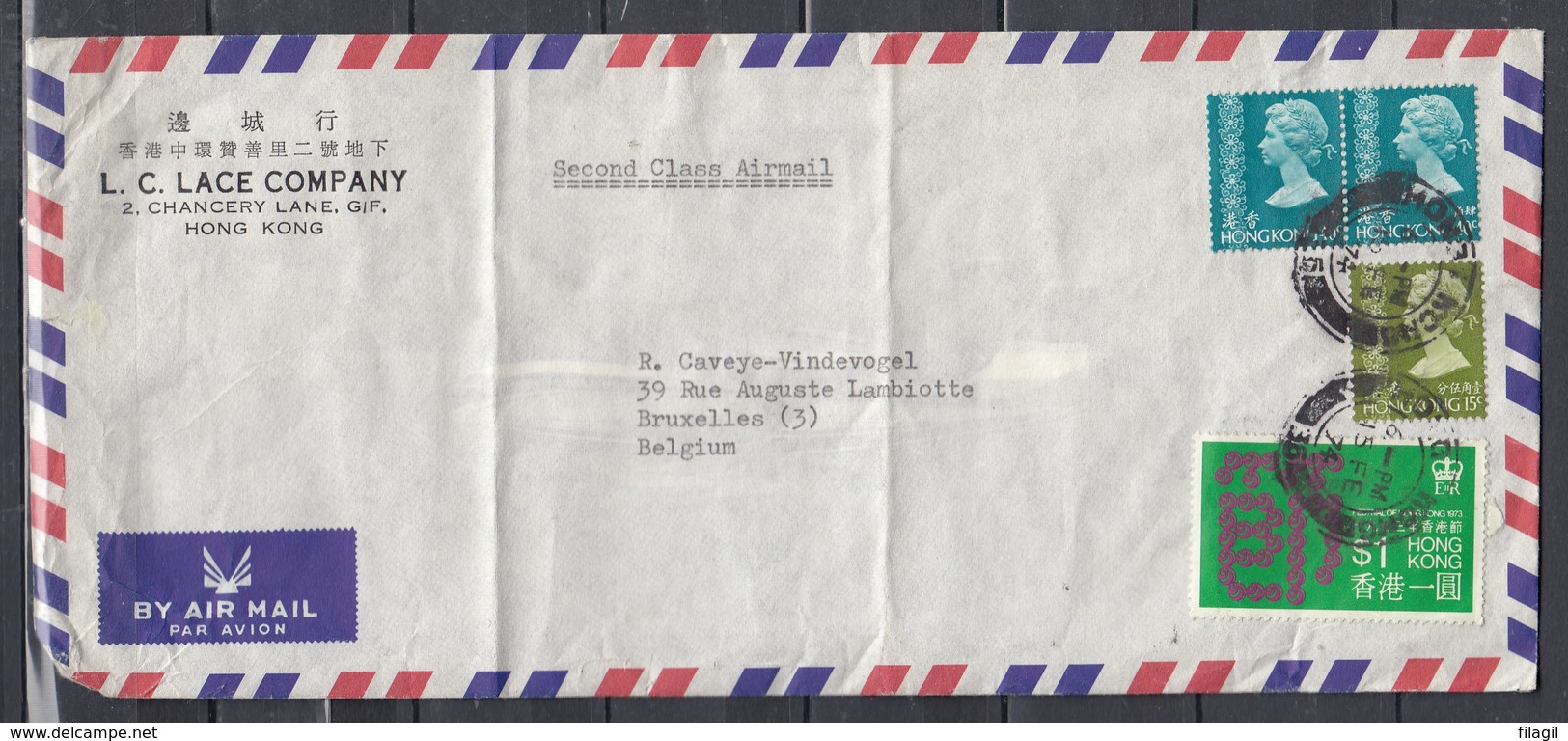 Brief Van Hong Kong Naar Bruxelles (Belgie) Lace Company Second Class Airmall - Lettres & Documents