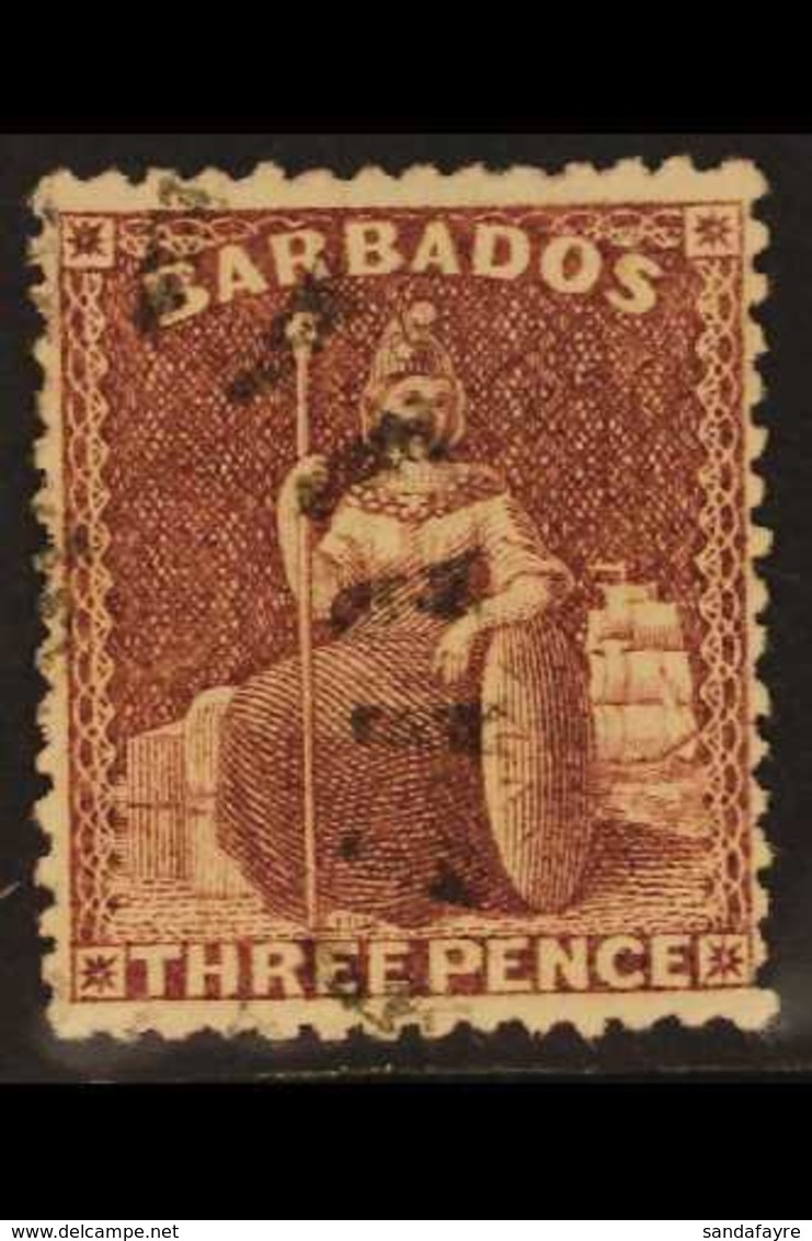 1873  3d Brown-purple Britannia, SG 63, Good Colour And Neat Boot-heel Cancel. For More Images, Please Visit Http://www. - Barbados (...-1966)