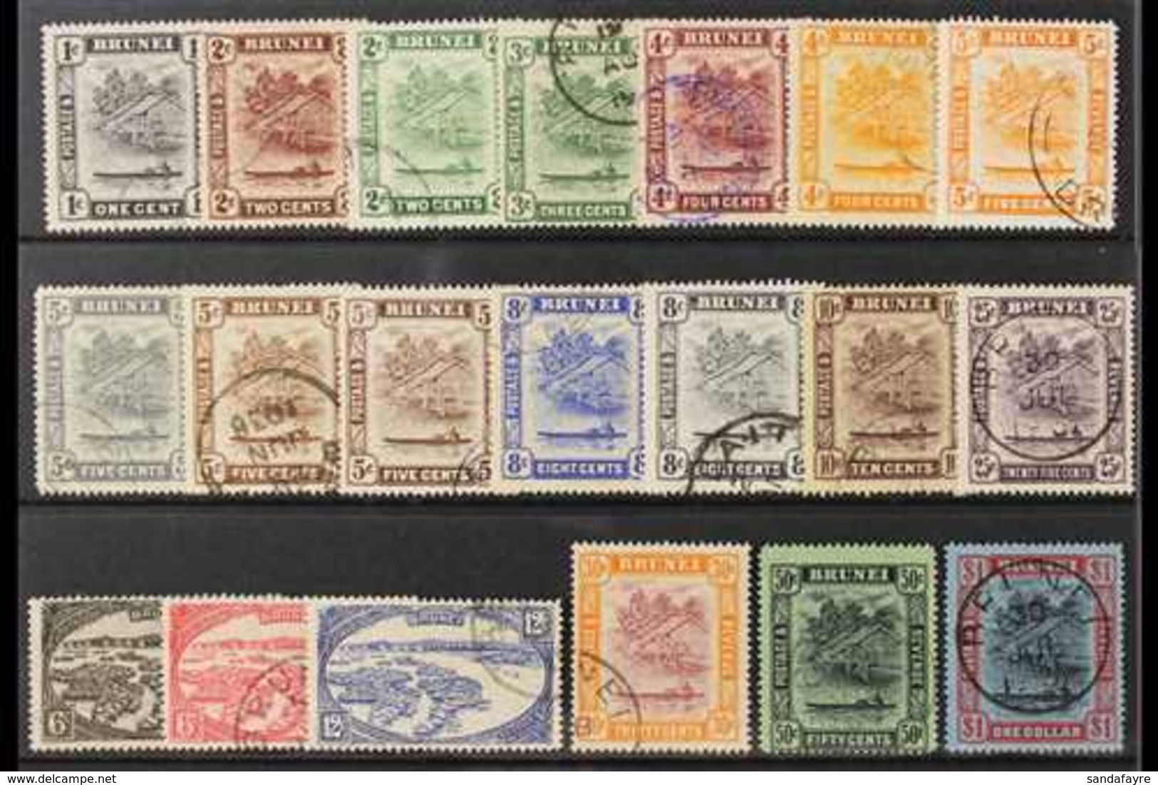 1924-37  "View On Brunei River" Script Wmk Complete Set Plus 5c Retouch, SG 60/78, Fine Used (20 Stamps) For More Images - Brunei (...-1984)