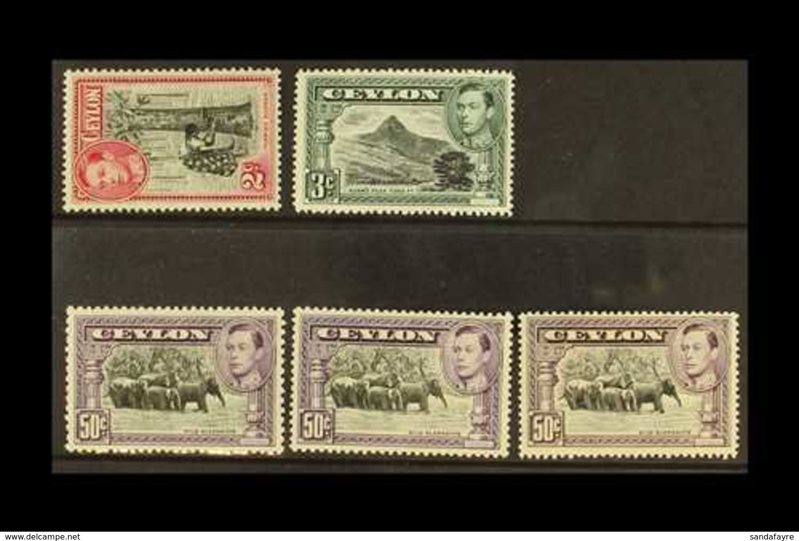 1938-49  Scarce Perfs, With 2c SG 386a, 3c SG 387c, 50c SG 394, 394a And 394c, Lightly Hinged Mint, Cat £990. (5 Stamps) - Ceylon (...-1947)