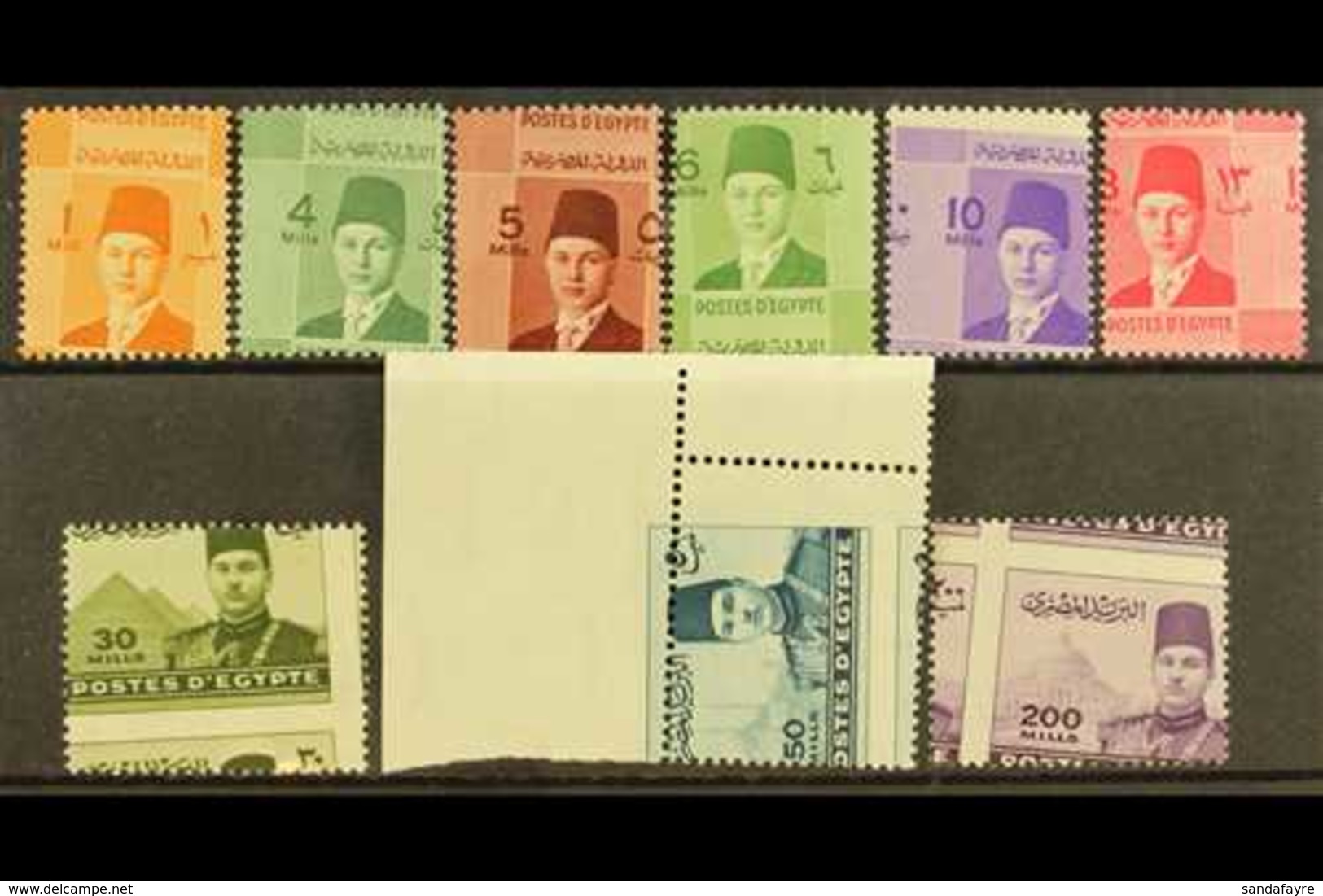 1937-46 OBLIQUE PERFORATIONS  Young King Farouk 1m, 4m. 5m, 6m,, 10m, 13m, 30m Olive, 50m (corner Marginal) And 200m, Mi - Sonstige & Ohne Zuordnung